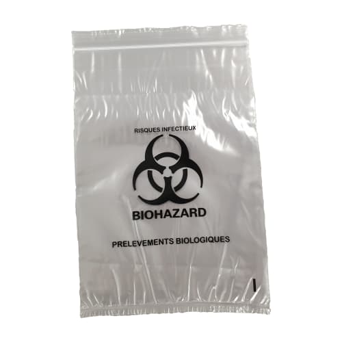 Sac plastique kangourou 155 x 200mm transparent impression Biohazard 50µm