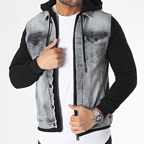 Veste Jean Capuche Gris Gris Noir