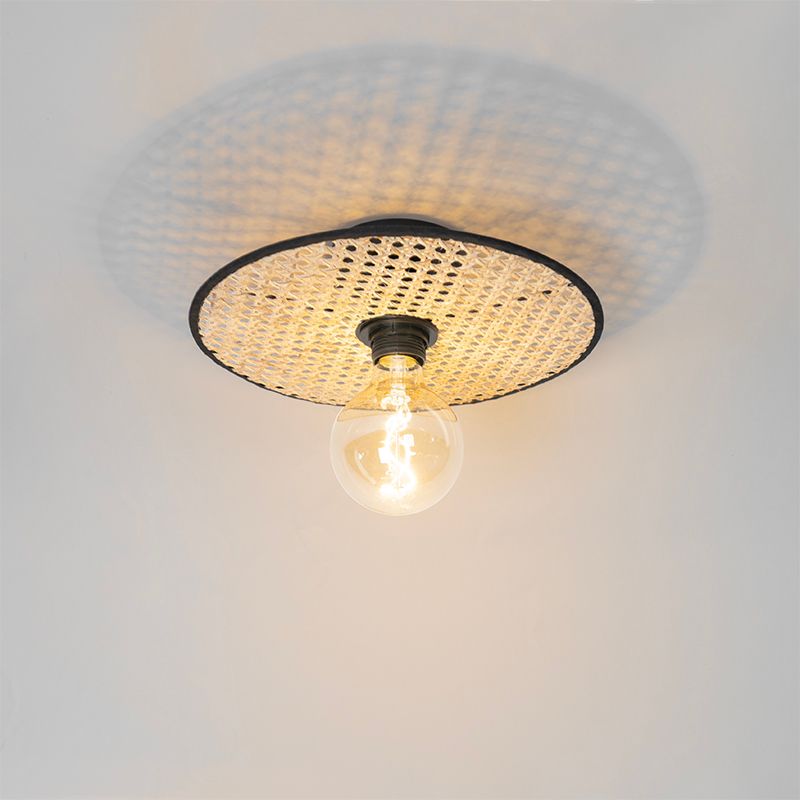 Landelijke plafond en wandlamp zwart met rotan 30 cm - Kata