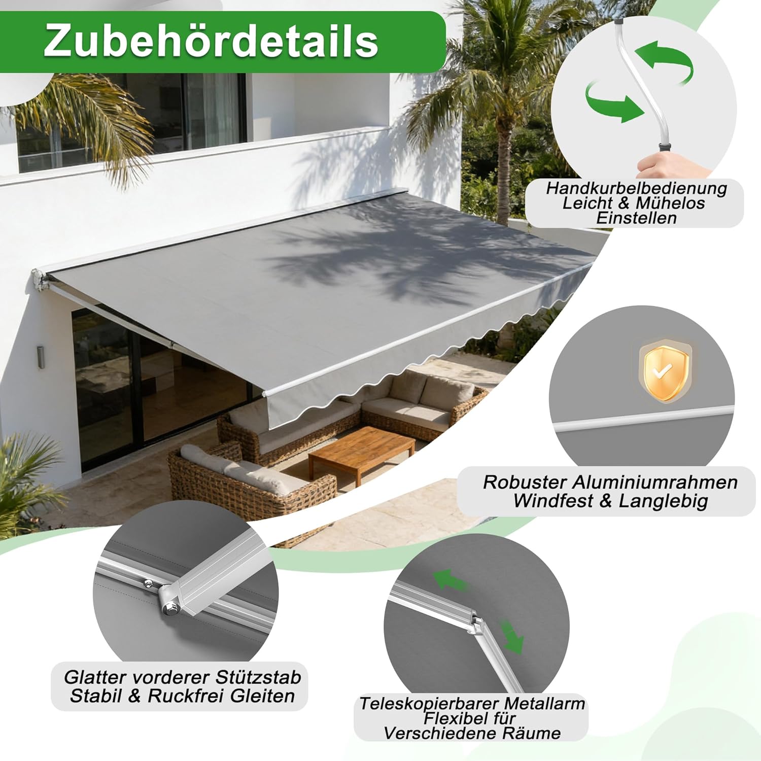 400x300cm Gelenkarmmarkise Markise aus Alu und Polyester Sonnenmarkise Balkonmarkise Sonnenschutz Wasserdicht Sichtschutz Sonnensegel Anti-UV mit Handkurbel für Terrasse Balkon Hellgrau