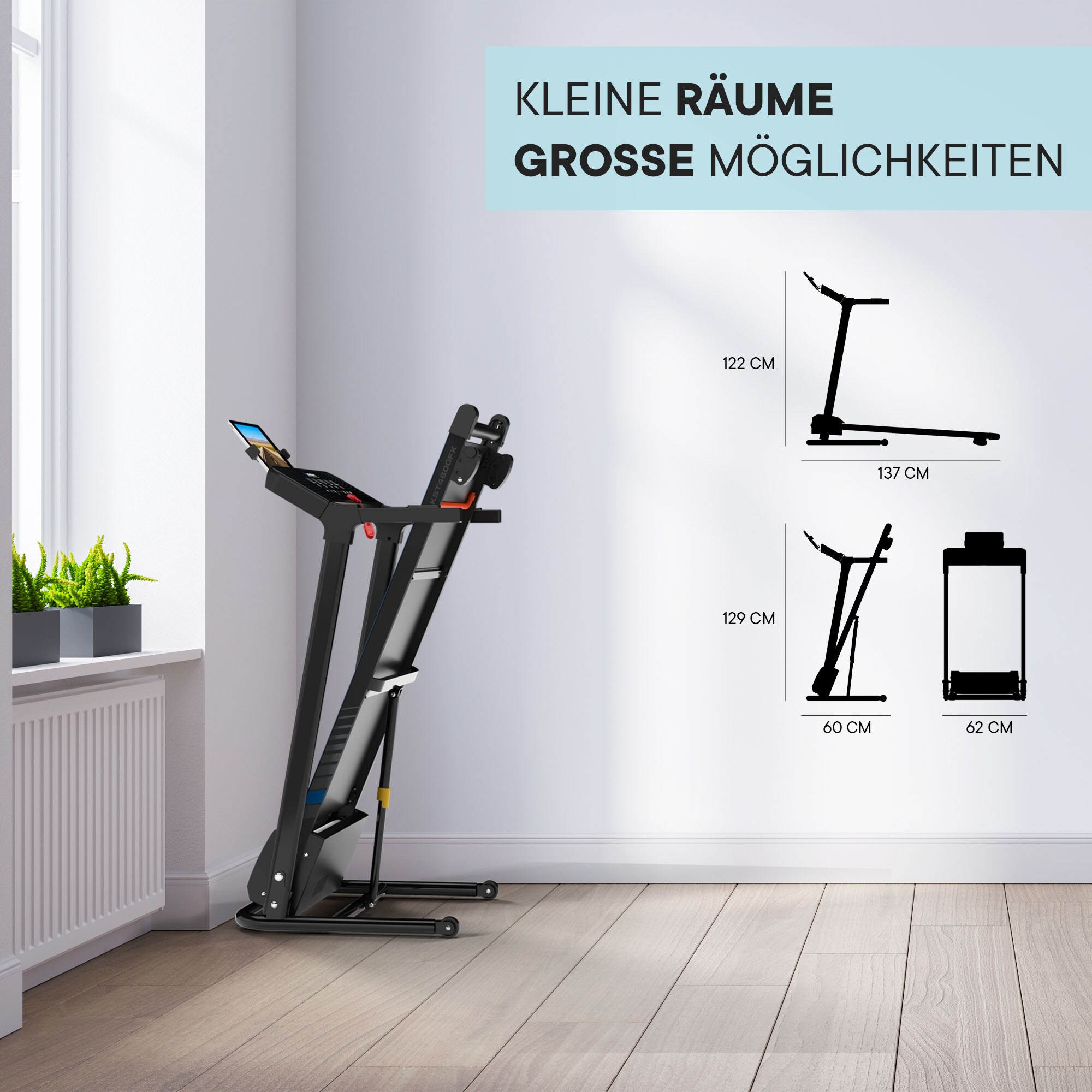 KINETIC SPORTS Elektrisches Laufband KST4600FX klappbar - 1100 Watt DC-Motor bis 12 km/h, Manuelle Steigung, 12+1 Programme, LCD-Display, 40 cm breite Lauffläche, bis 120kg | Standard