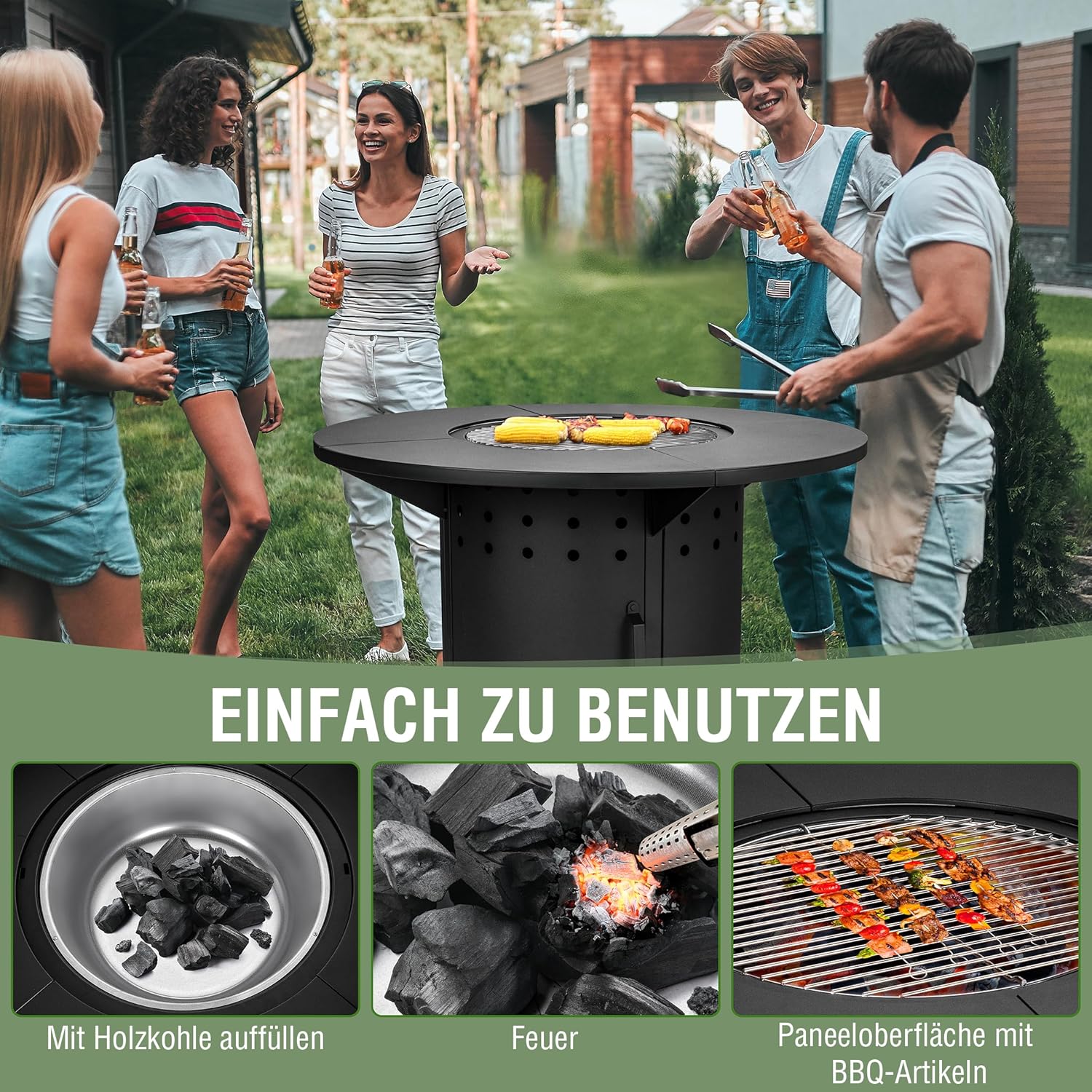 Ambiente Feuertisch Rund, Kohle, Grill, Ambiente inkl. Regenhaube, Grillrost, erweiterbar, Holzkohle, Feuerstelle, BBQ, Schwarz