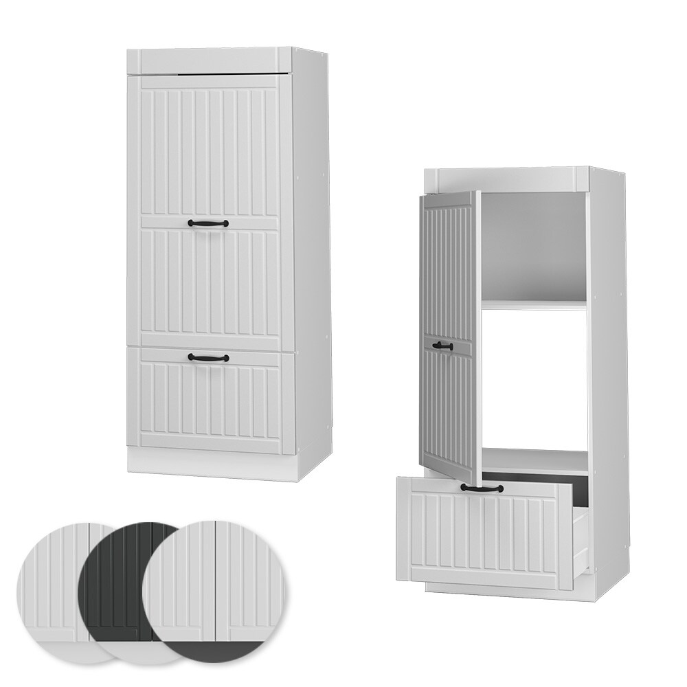 Vicco Mikrowellenumbauschrank Küchenschrank Küchenmöbel Fame-Line Landhaus Weiß 60 cm Küche Einbauküche Blende Hochschrank Schublade Mikrowelle Backofen Küchenzeile