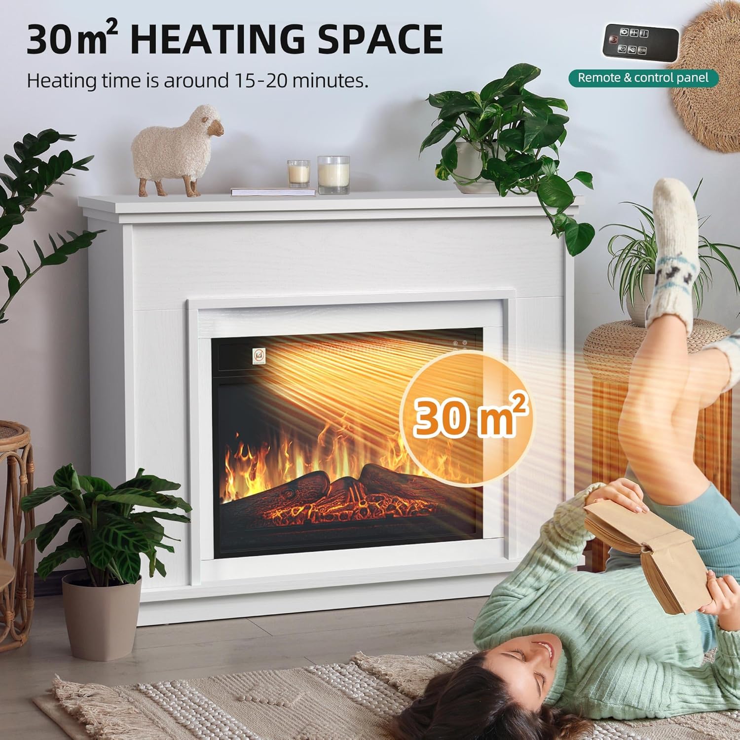 YITAHOME Elektrokamin, 23inch Realistischer 3D Flammeneffekt Erwärmungsfreistehender Elektrischer Kamin mit Timer und 24-Farb-LED-Lichtband und Fernbedienung