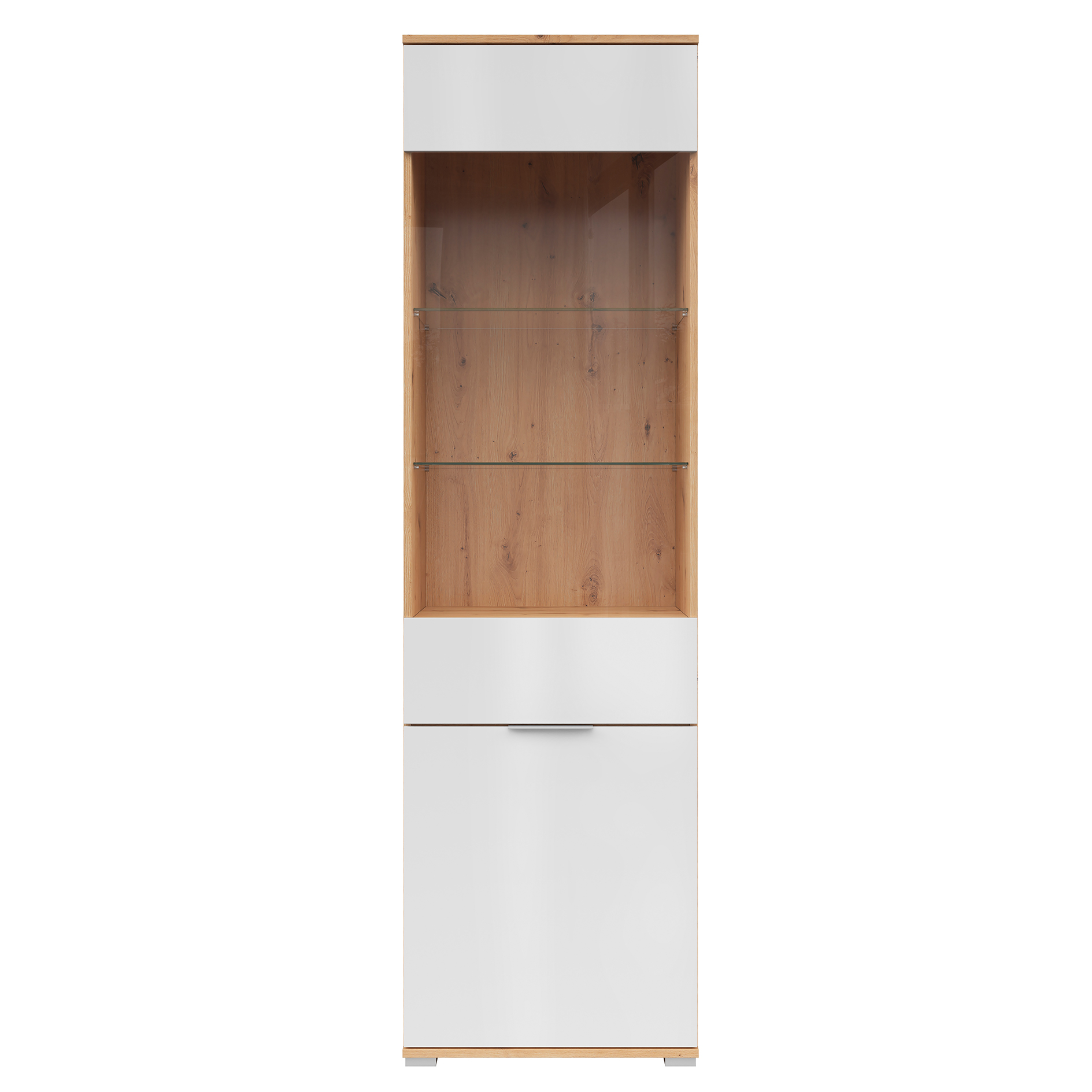 Standvitrine - weiß Glanz - Artisan Eiche - 195 cm hoch