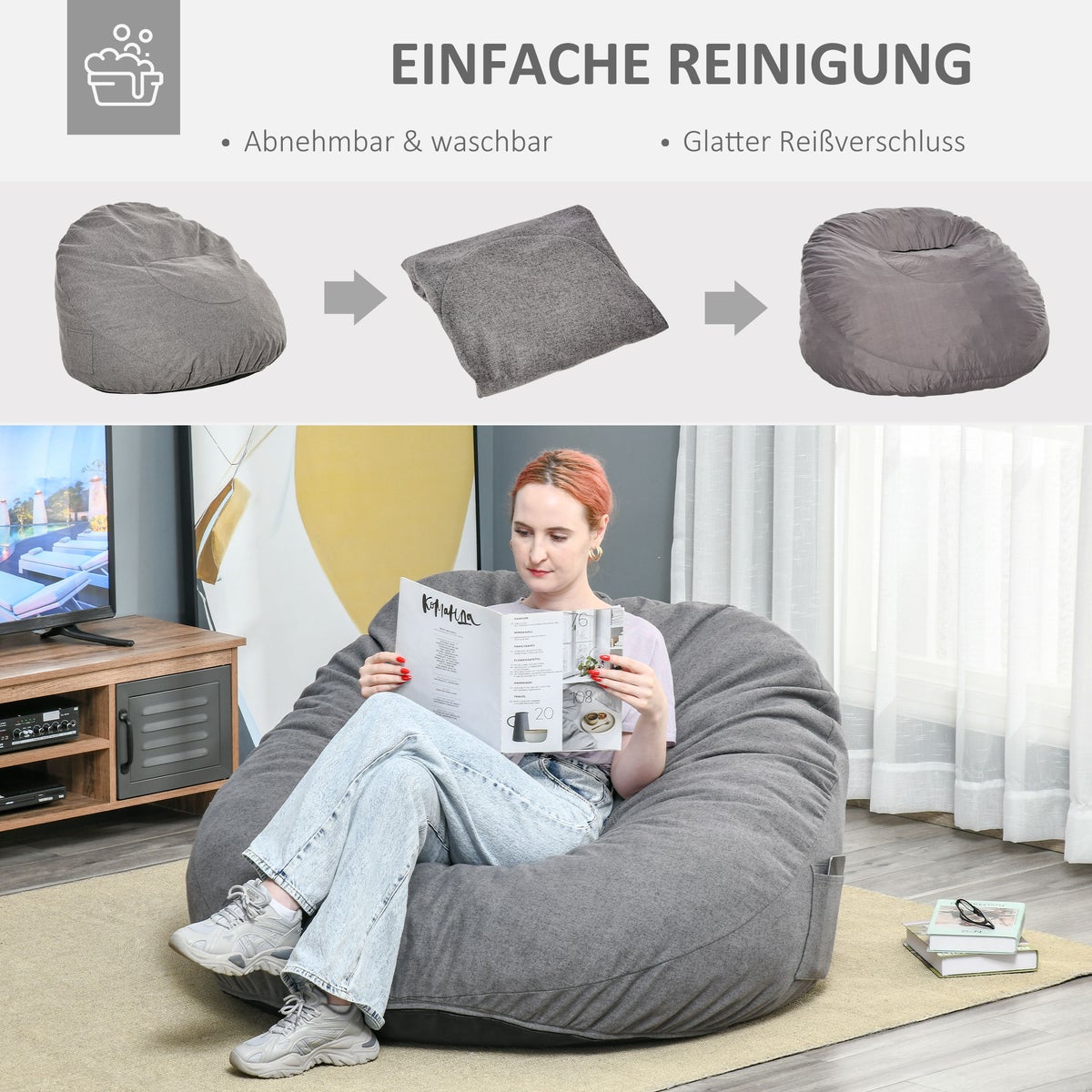 HOMCOM Opblaasbaar zitzakkussen met 2 zijvakken, wasbaar, voor woonkamer, chaise longue, slaapkamer, polyesterstof, schuimvulling, donkergrijs, Ø115x71 cm