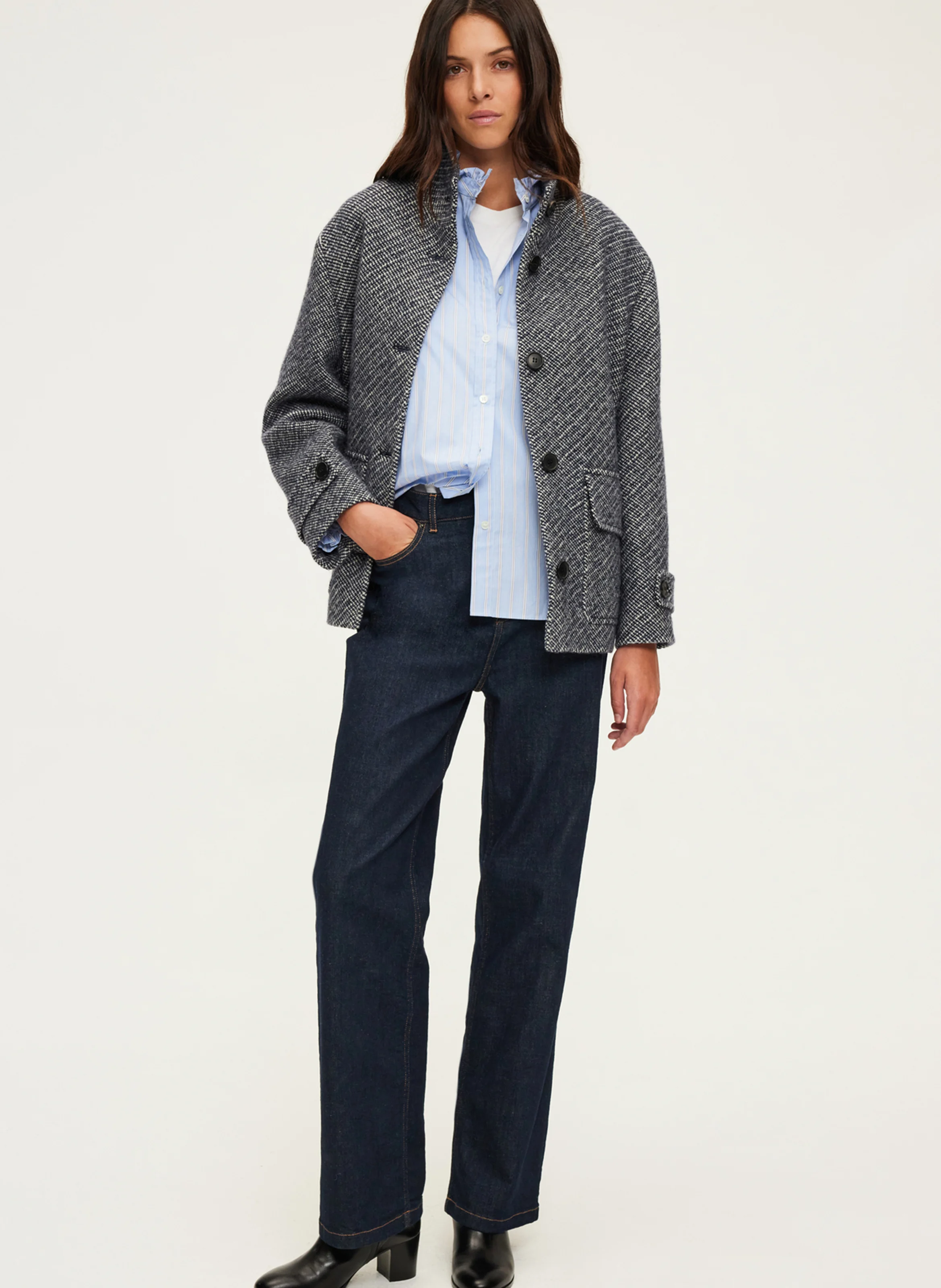 LYSIANE - Manteau col rond en laine vierge| Bleu