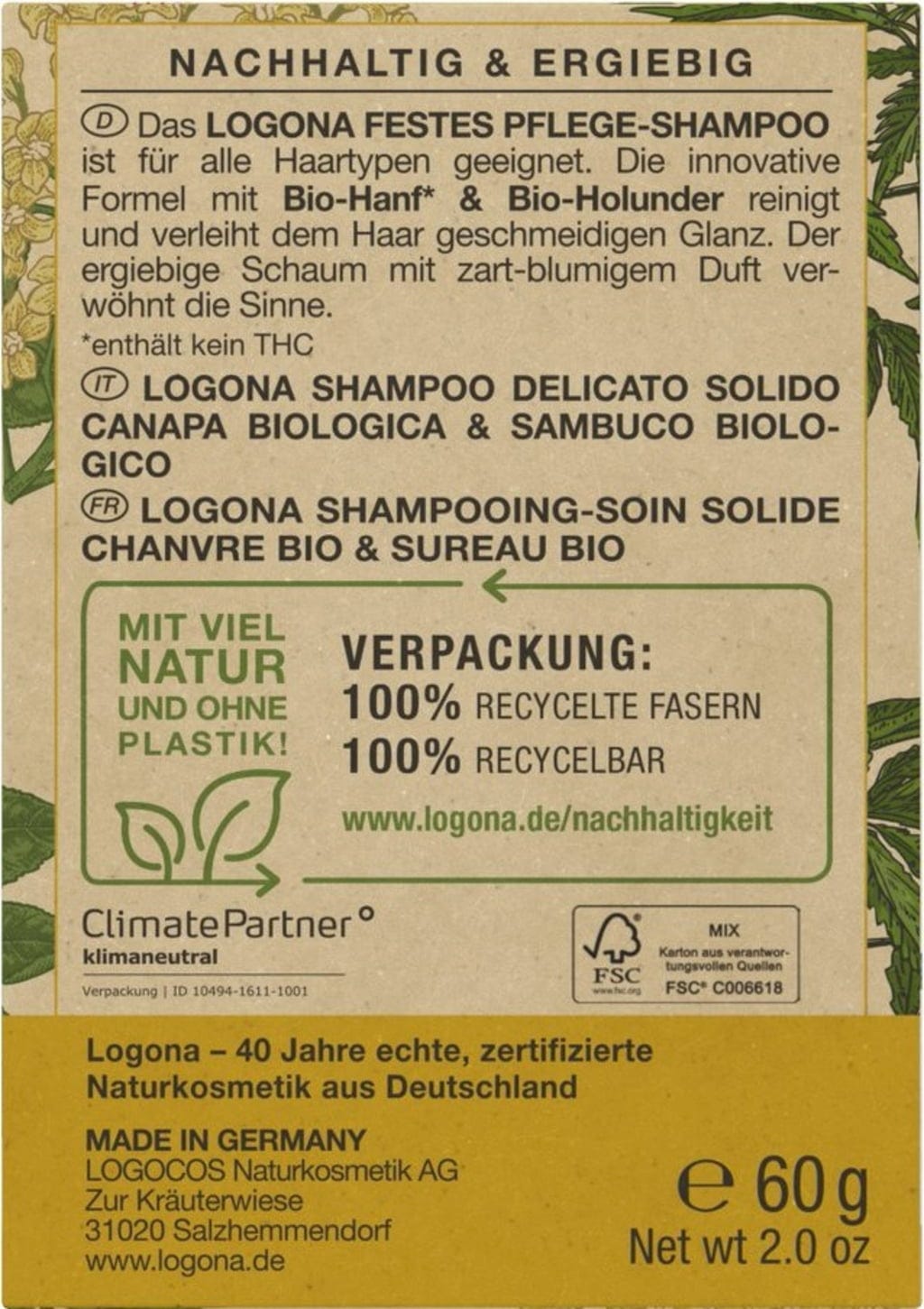 LOGONA  Festes Shampoo Bio-Hanf & Bio-Holunder, 60 g