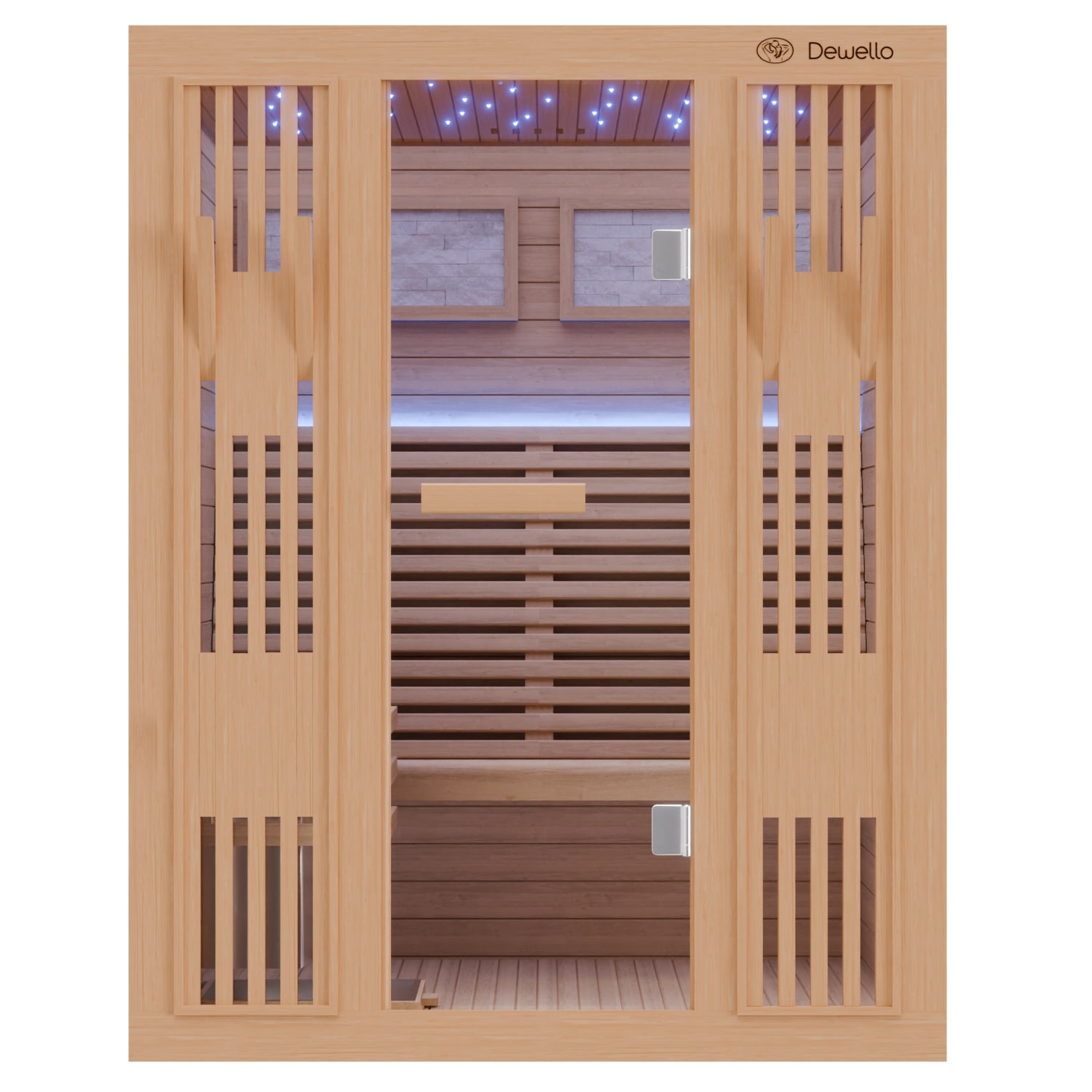 Dewello Finnische Sauna MINTO 150x130 Kabine aus Hemlock Tannenholz mit 4,5 kW Harvia Ofen, inkl Sauna Set