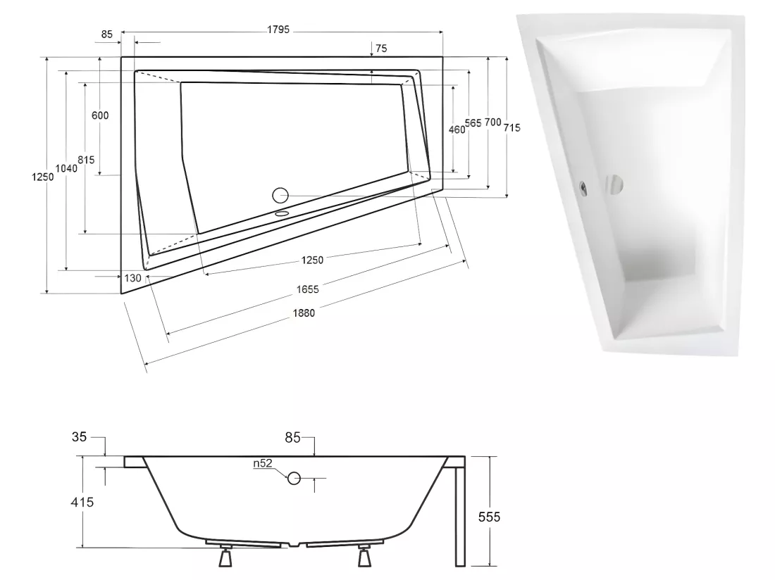 Baignoire asymétrique + tablier blanc + repose tête - INTIMA DUO - 180 cm x 125 cm - Gauche