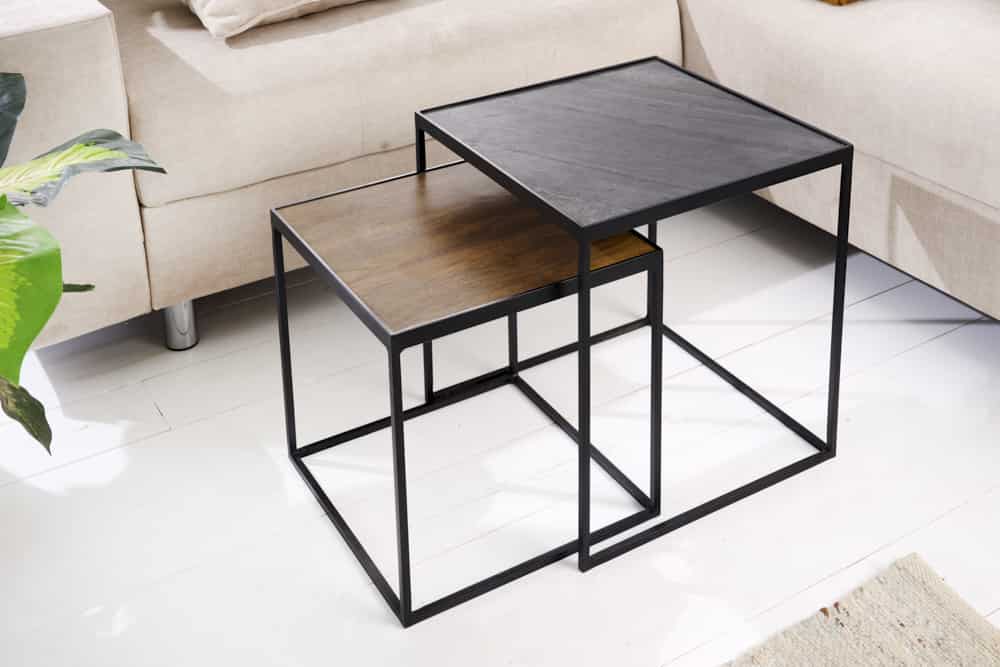 Industrial 2er-Set Couchtische FIRE & EARTH 45cm Mangoholz massiv Schiefer Metall schwarz