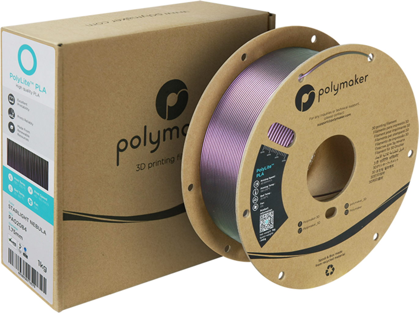 Polymaker  PolyLite PLA Starlight Nebula, 1,75 mm / 1000 g    PLA Filament mit wechselndem Farbeffekt