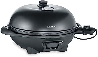 SEVERIN Barbecue électrique 2 000 W avec grille en fonte d'aluminium, Barbecue sur pieds avec couvercle et thermomètre intégré, eBBQ avec grande surface de cuisson lisse et rainurée, Noir, PG 8541 : Jardin