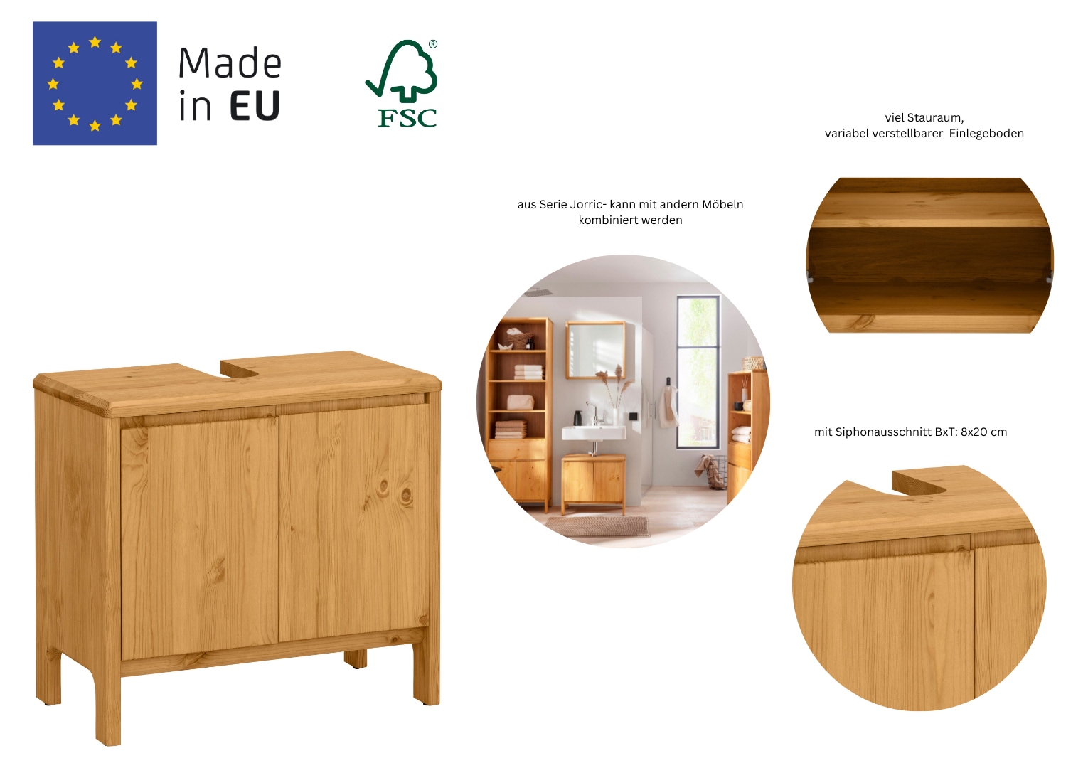 GOODproduct Waschbeckenunterschrank »Jorrick« Breite 60 cm, Kiefer mit Bio Öl/Wachs behandelt, Siphonausschnitt