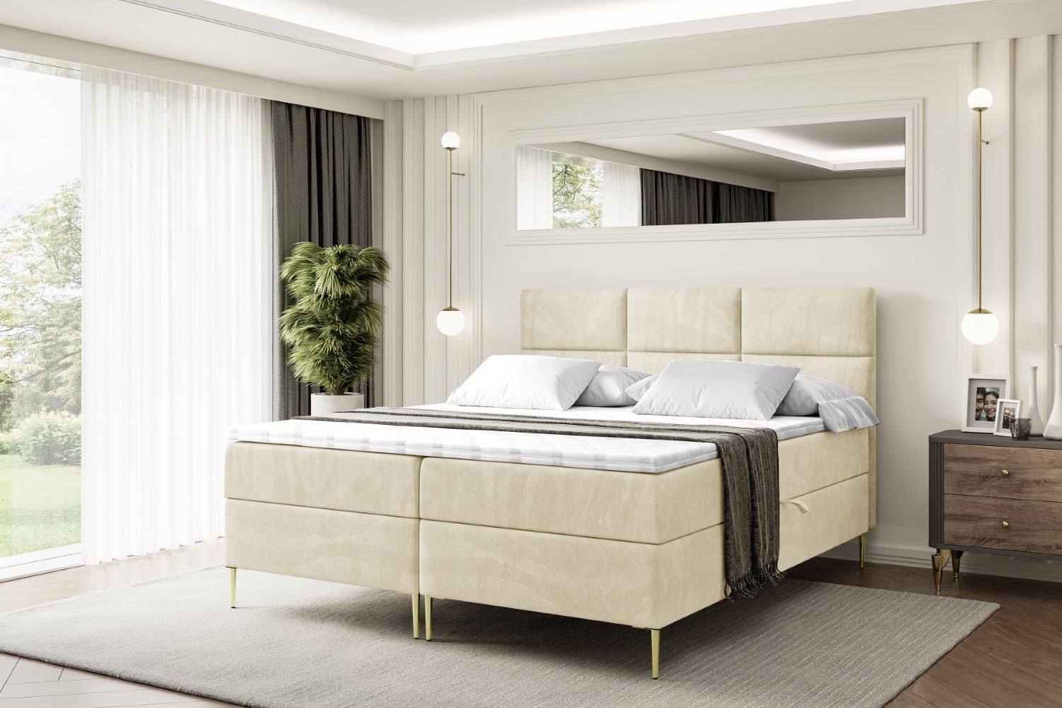 ALTDECOR Boxspringbett mit Gold Füßen, Matratze und Lattenrost, Boxbett, Topper, Polsterbett mit Bettkasten, Bett mit Stauraum H3-Matratze, Doppelbett - Ohio-FZ- 140x200 - Beige Monolith 04