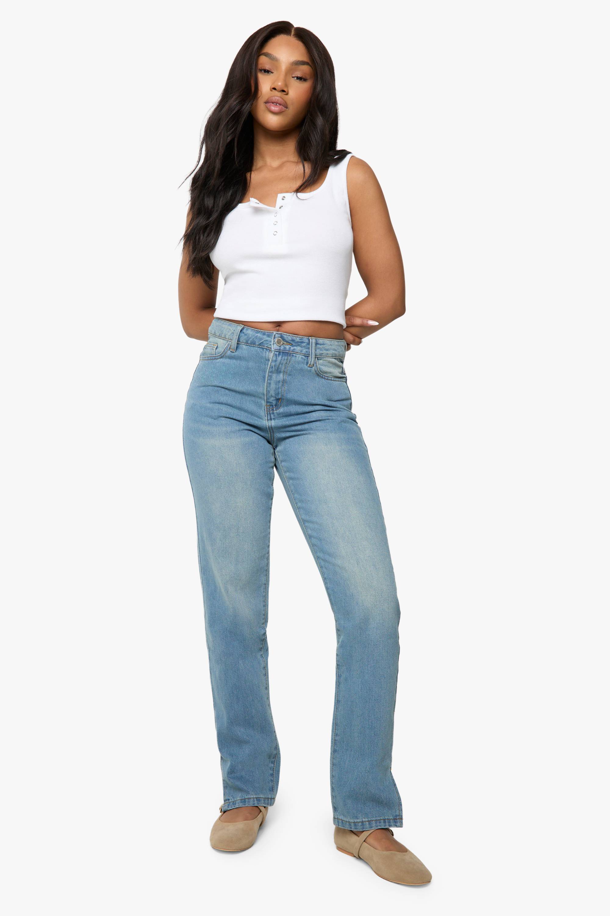 boohoo Boohoo Basics Jeans Droits à Ourlet Fendu