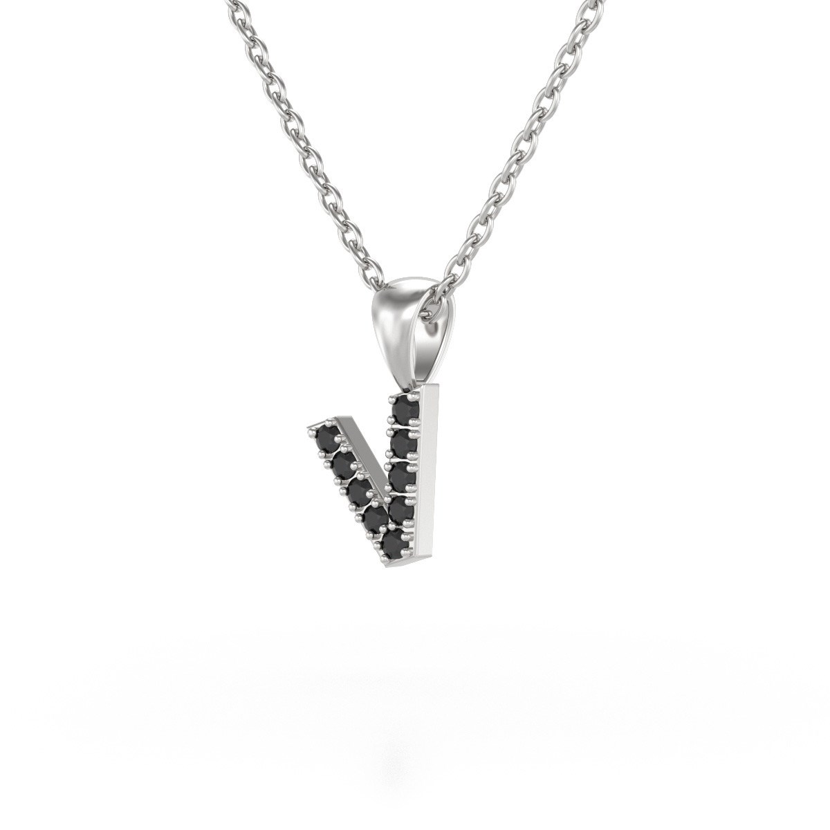 Collier Pendentif ADEN Lettre V Diamant Noir Chaine Argent 925 incluse 0.72grs