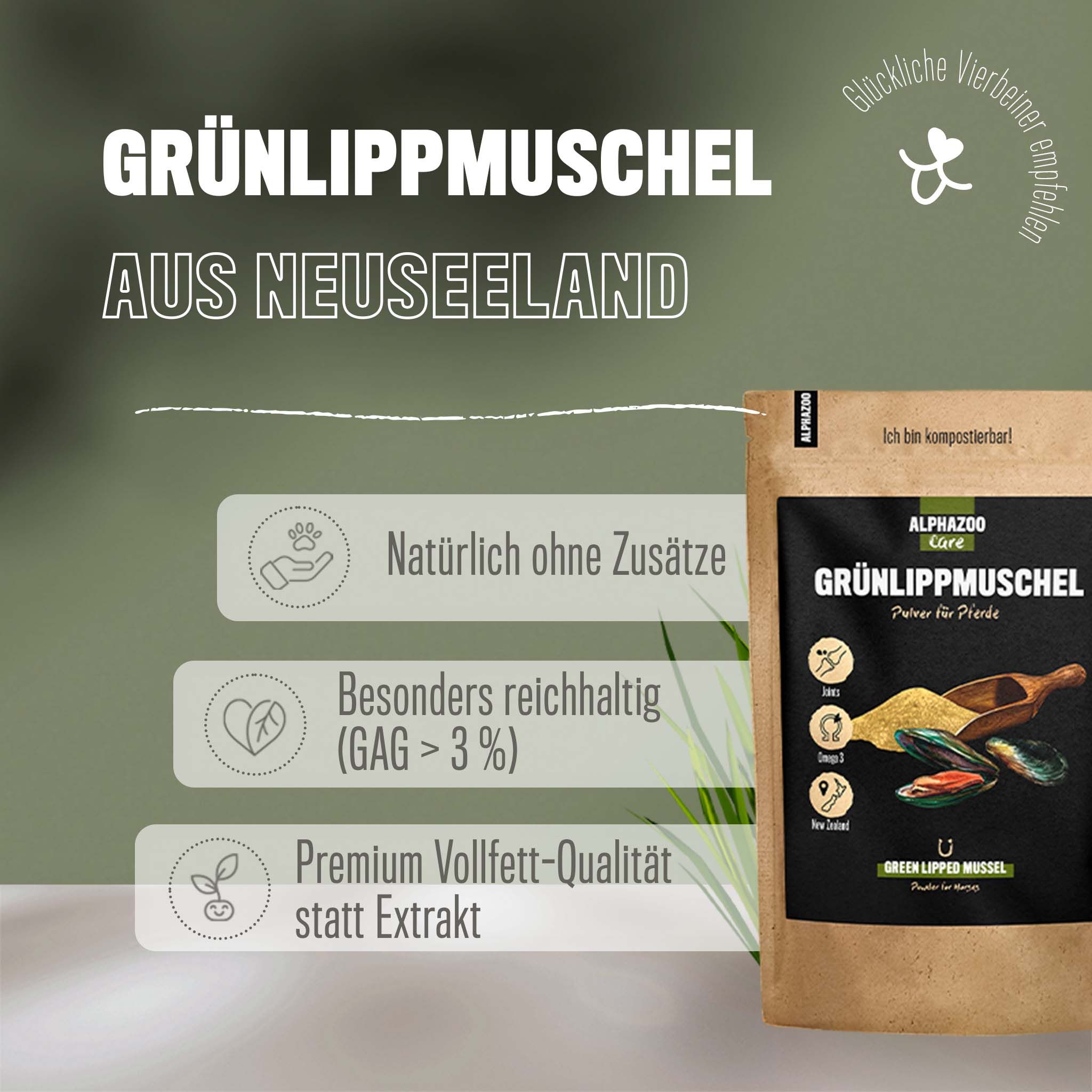 ALPHAZOO Grünlippmuschel-Pulver für Hunde und Katzen I Muschelpulver gegen Arthrose