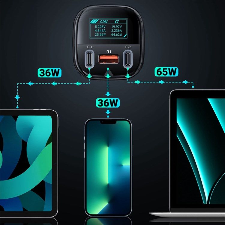 (101W) Universal USB A / 2x USB C Auto KFZ Ladegerät PD 3.0/QC 3.0 mit OLED Display - Schwarz
