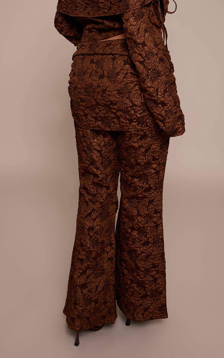 Chocolat Pantalon Large Grande Taille À Motif Floral Jacquard Avec Taille Repliée