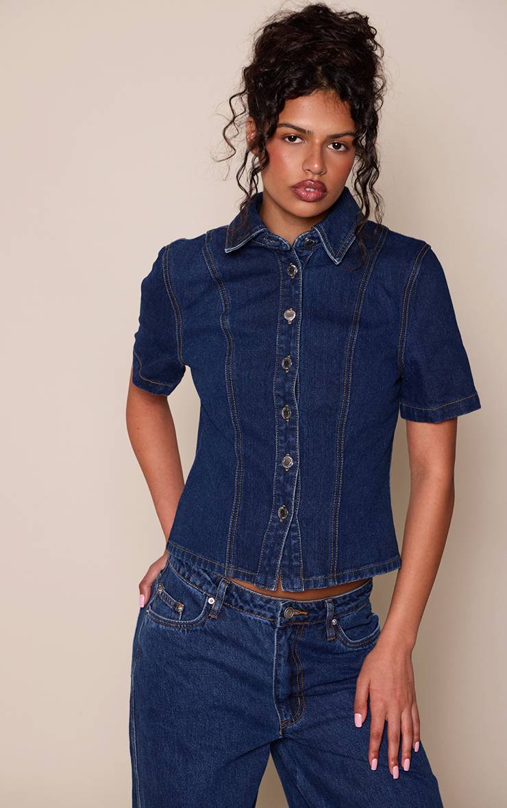 Bleu Indigo Chemise En Jean À Manches Courtes Boutonnée