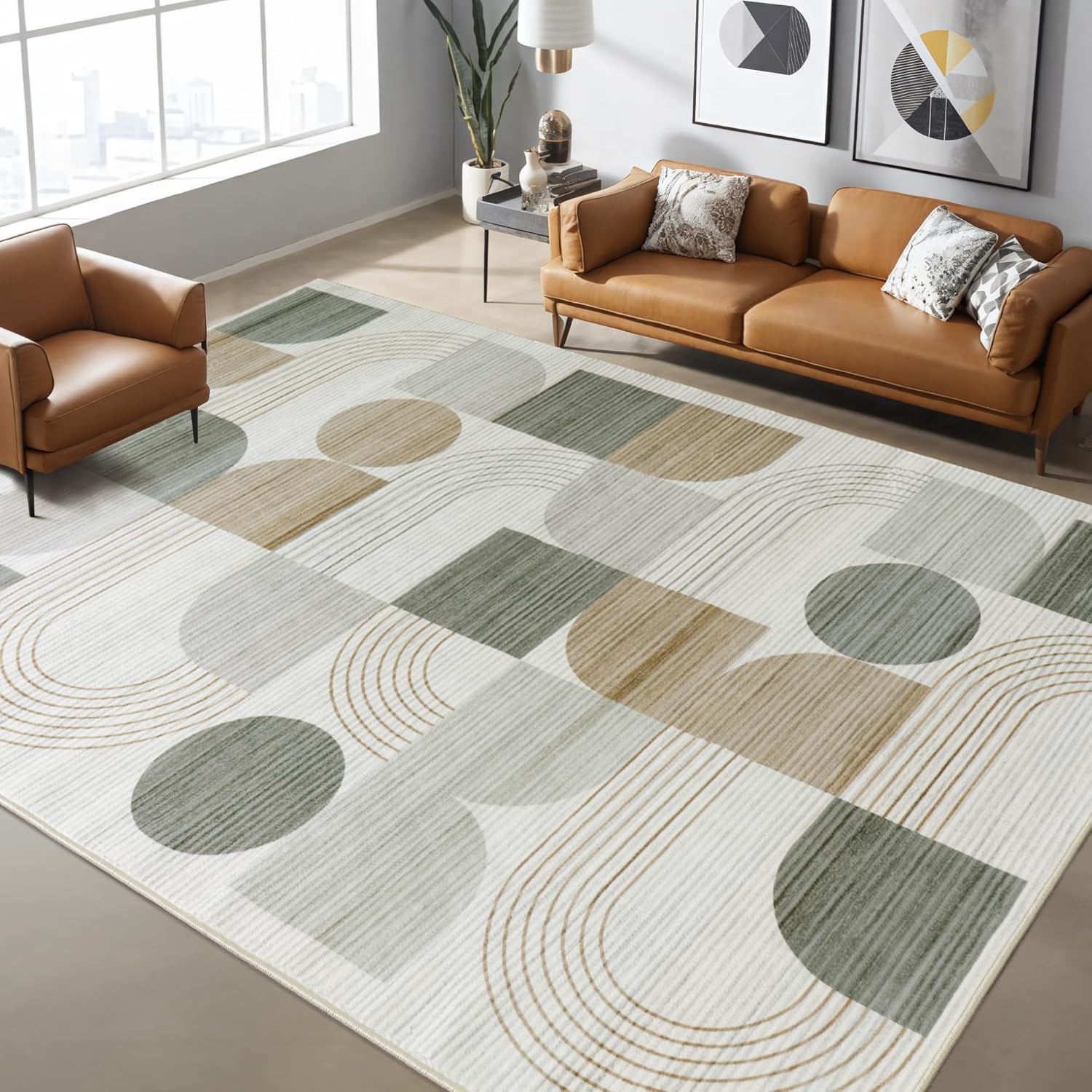 Teppich Wohnzimmer, Moderne Abstraktem Muster Wohnzimmerteppich, Beige 200x230 cm Kurzflor Wohnzimmer Waschbare Teppiche, Groß Carpet Wollteppich für Schlafzimmer Büro Esszimmer