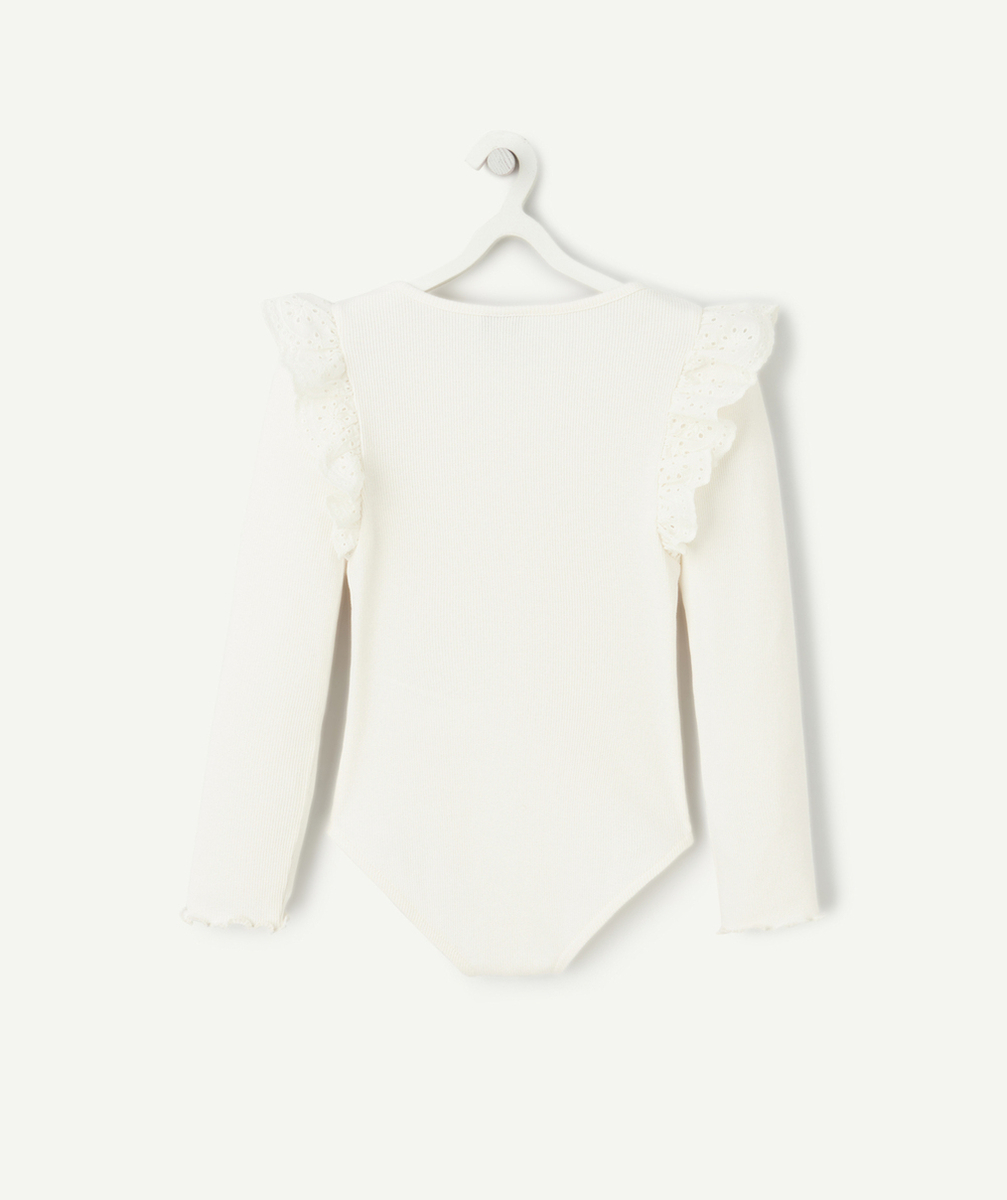 body manches longues fille en coton bio blanc côtelé avec broderies
