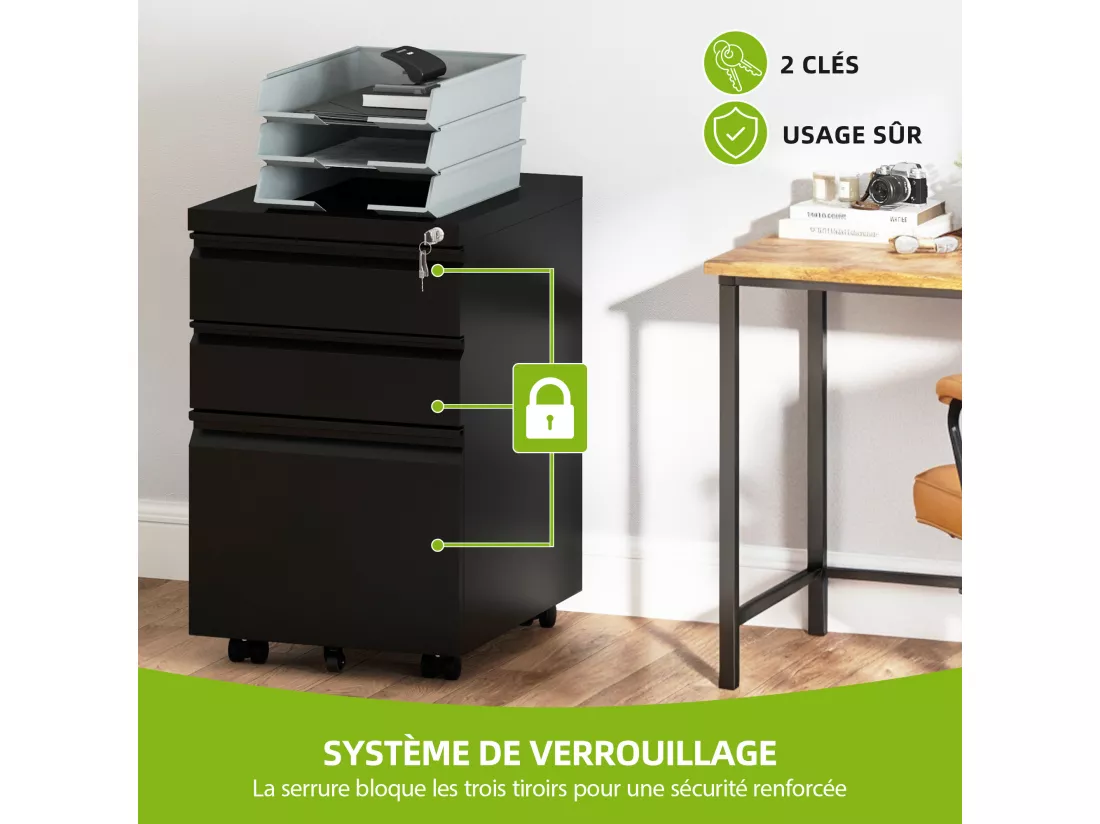 Caisson de Bureau - 3 Tiroirs Métal Caisson de Rangement - Meuble de Bureau avec roulettes pour Dossiers Suspendus - Noir - 46 x 39 x 62cm