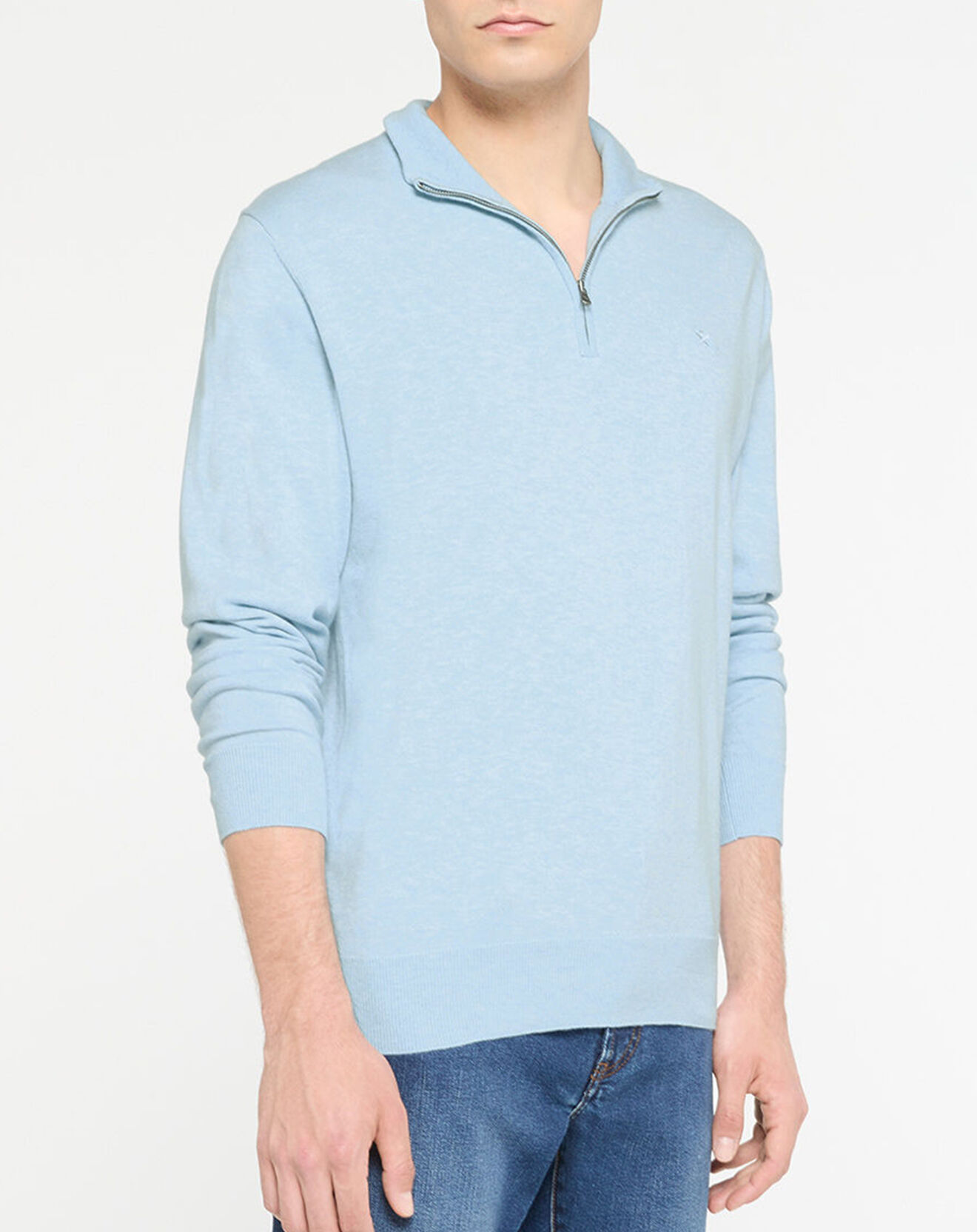 Hackett London Pull en Coton & Soie zippé bleu ciel