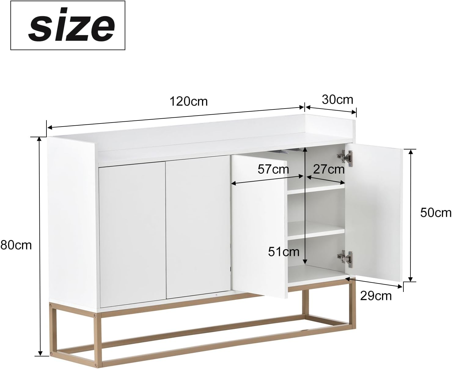 Sideboard Kommode 120cm breit,Modernes Buffetschrank mit 4 Türe,Kommode Schrank Buffetschrank mit Verstellbares Regal und Metallbeinen für Wohnzimmer und Esszimmer Küche,Weiß