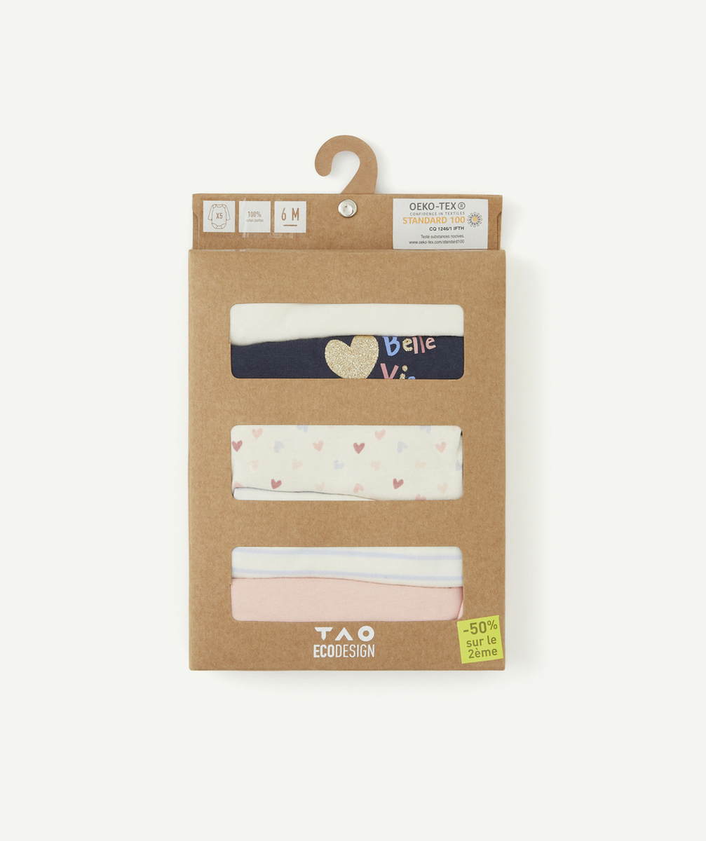 LOT DE 5 BODIES BÉBÉ EN COTON BIO THÈME COEUR BLEU ET ROSE