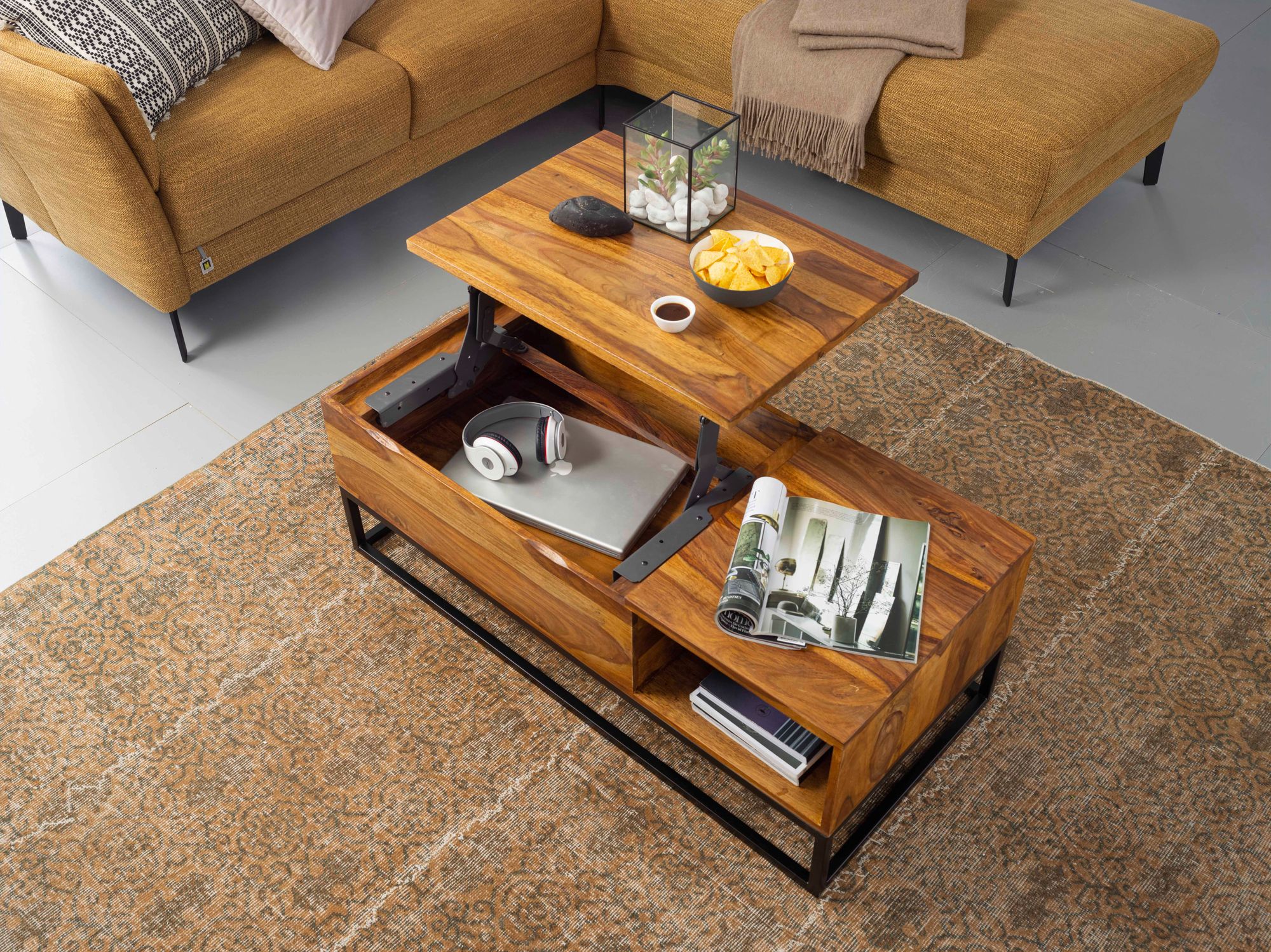 FineBuy Couchtisch 110 x 50cm Tisch Wohnzimmertisch Braun Holz Sofatisch Massiv
