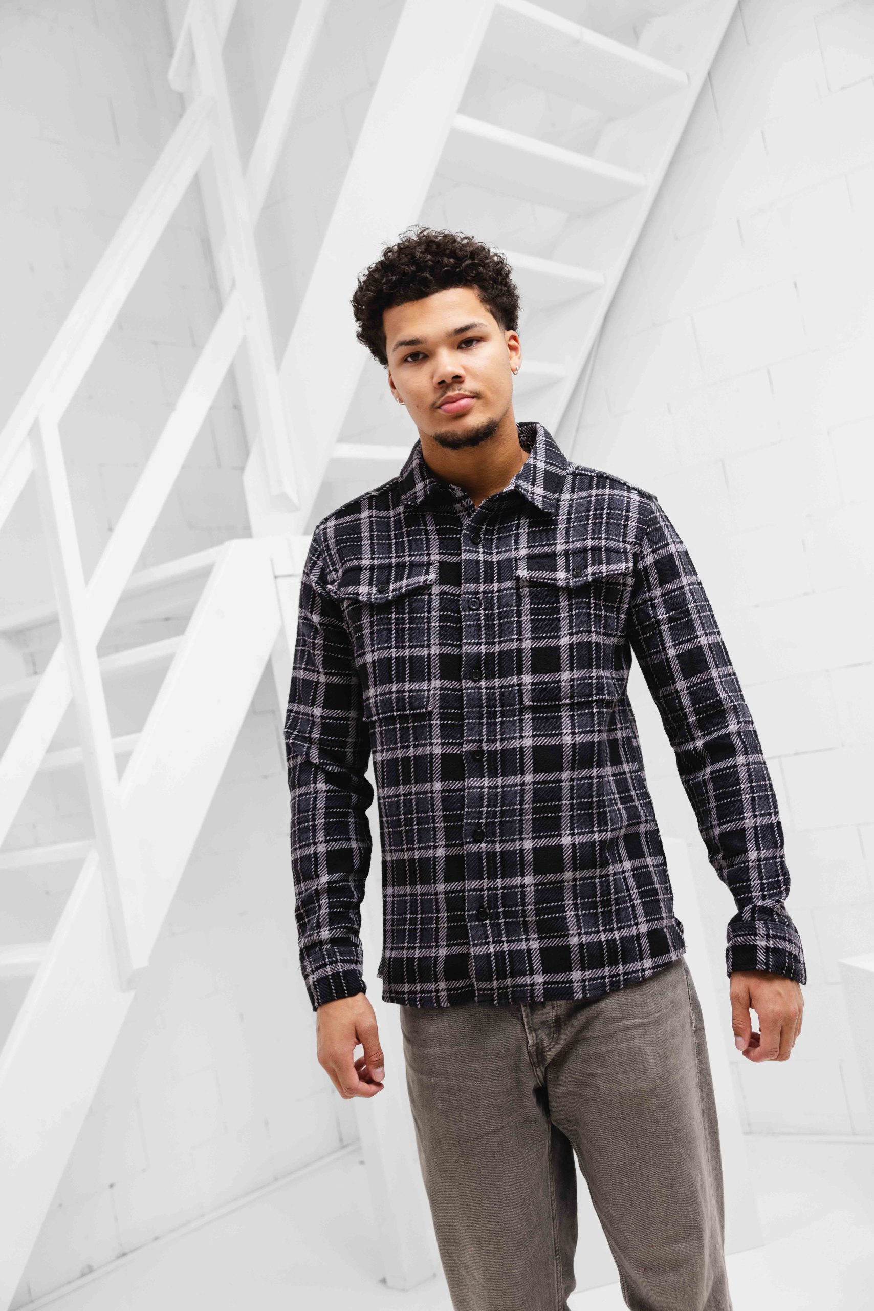 Pure Path Heavy Twill Checked Overhemd Heren Zwart