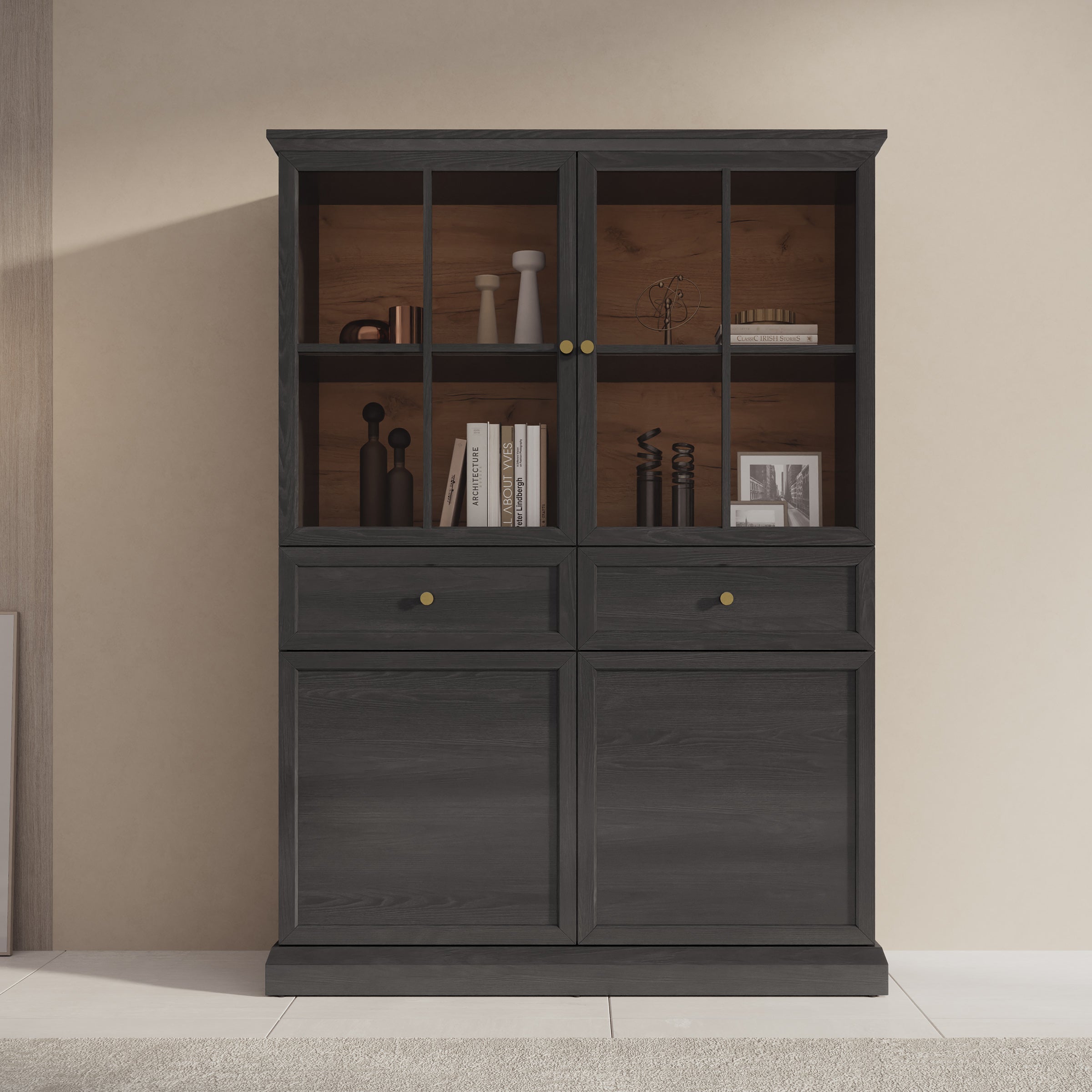 Meubella - Vitrinekast Leroy - Zwart eiken - 114 cm