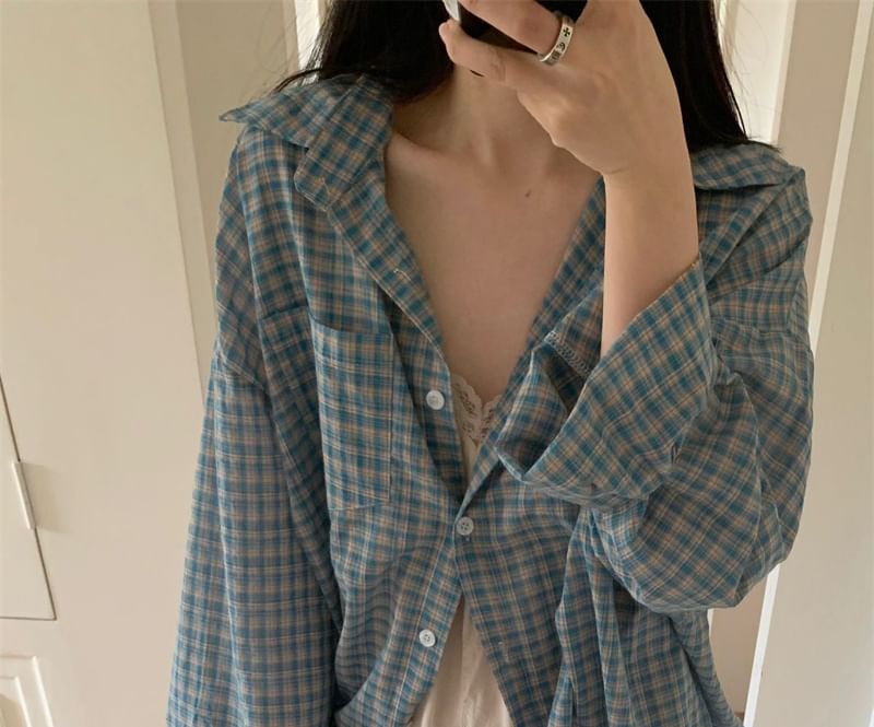 Porstina - Oversized geruit overhemd met lange mouwen en kraag