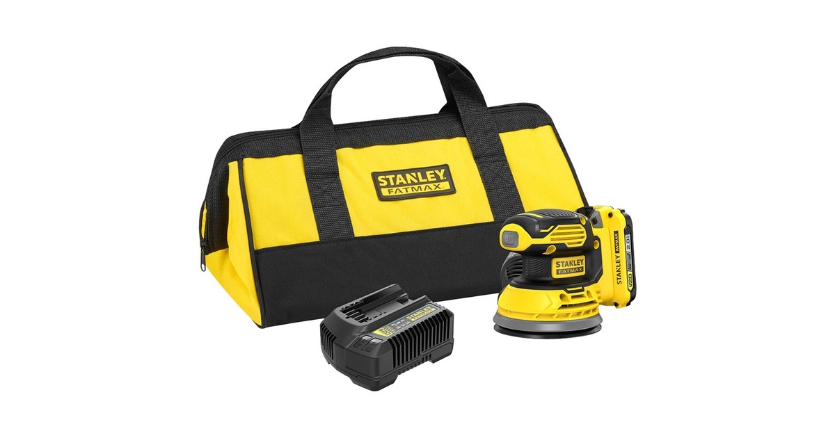 StanleyFATMAX V20 18V Excentrische schuurmachine  (Geel/zwart, Softbag, accu (2.0Ah) en oplader (2A) inbegrepen)