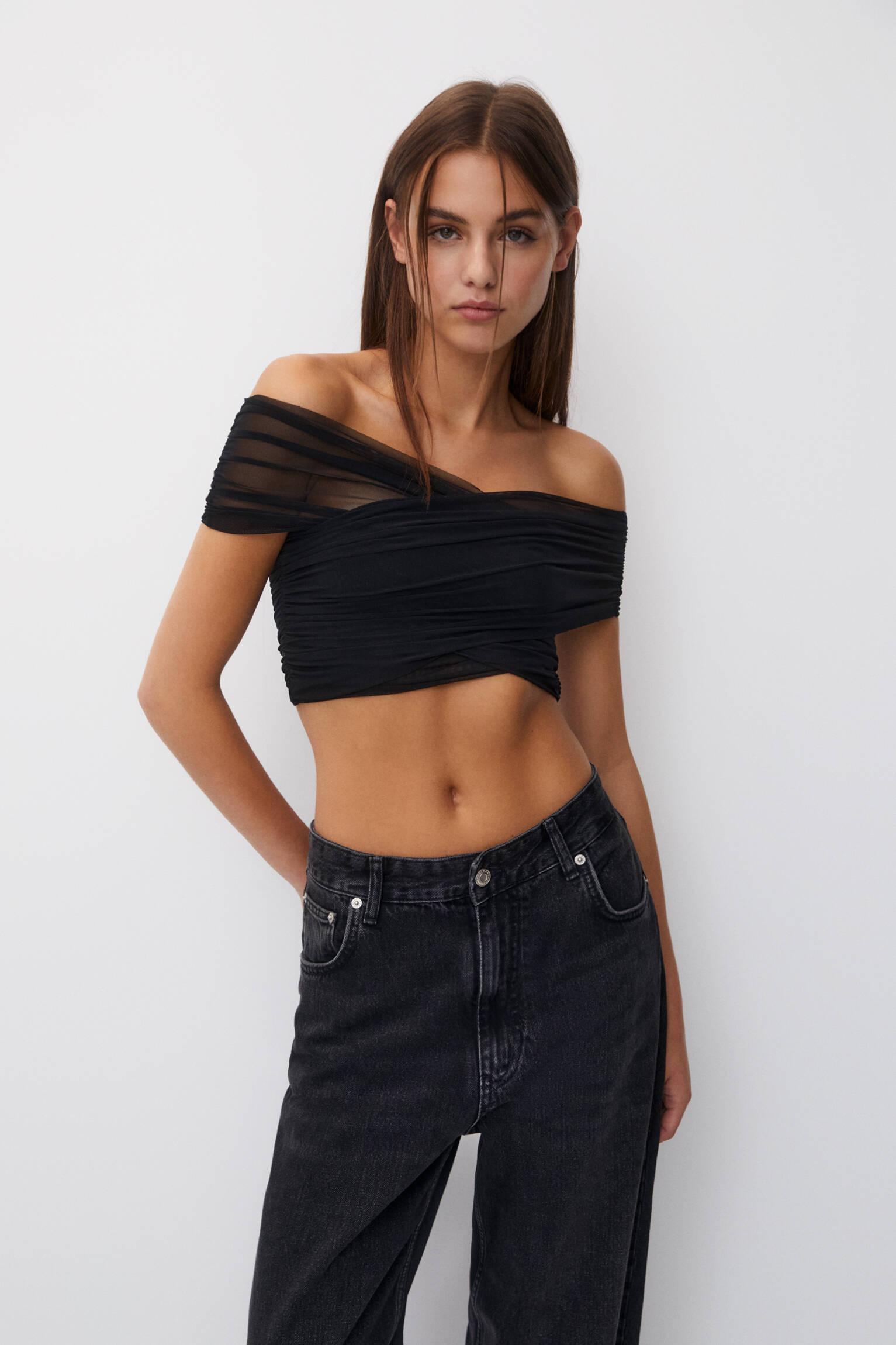 Top de tule drapeado - Preto