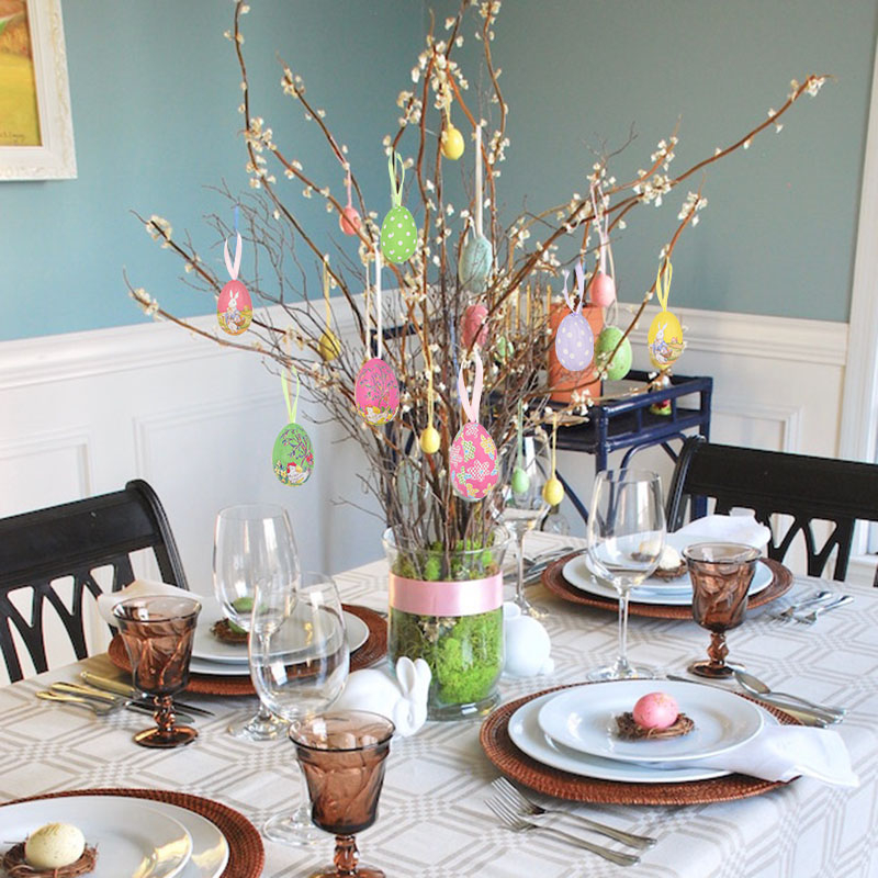 (12er Set) Ostereier Dekoration mit Aufhängeband Accessoire für Ostern - Bunt