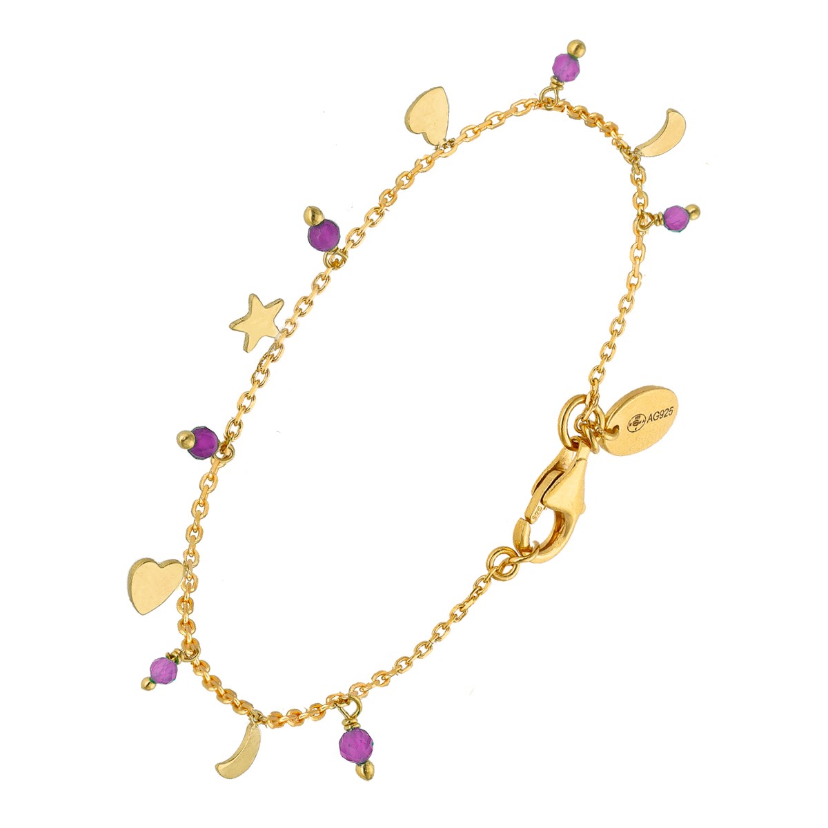 Bracelet Argent Doré Pampilles Lune Coeur Et Pierre Améthyste