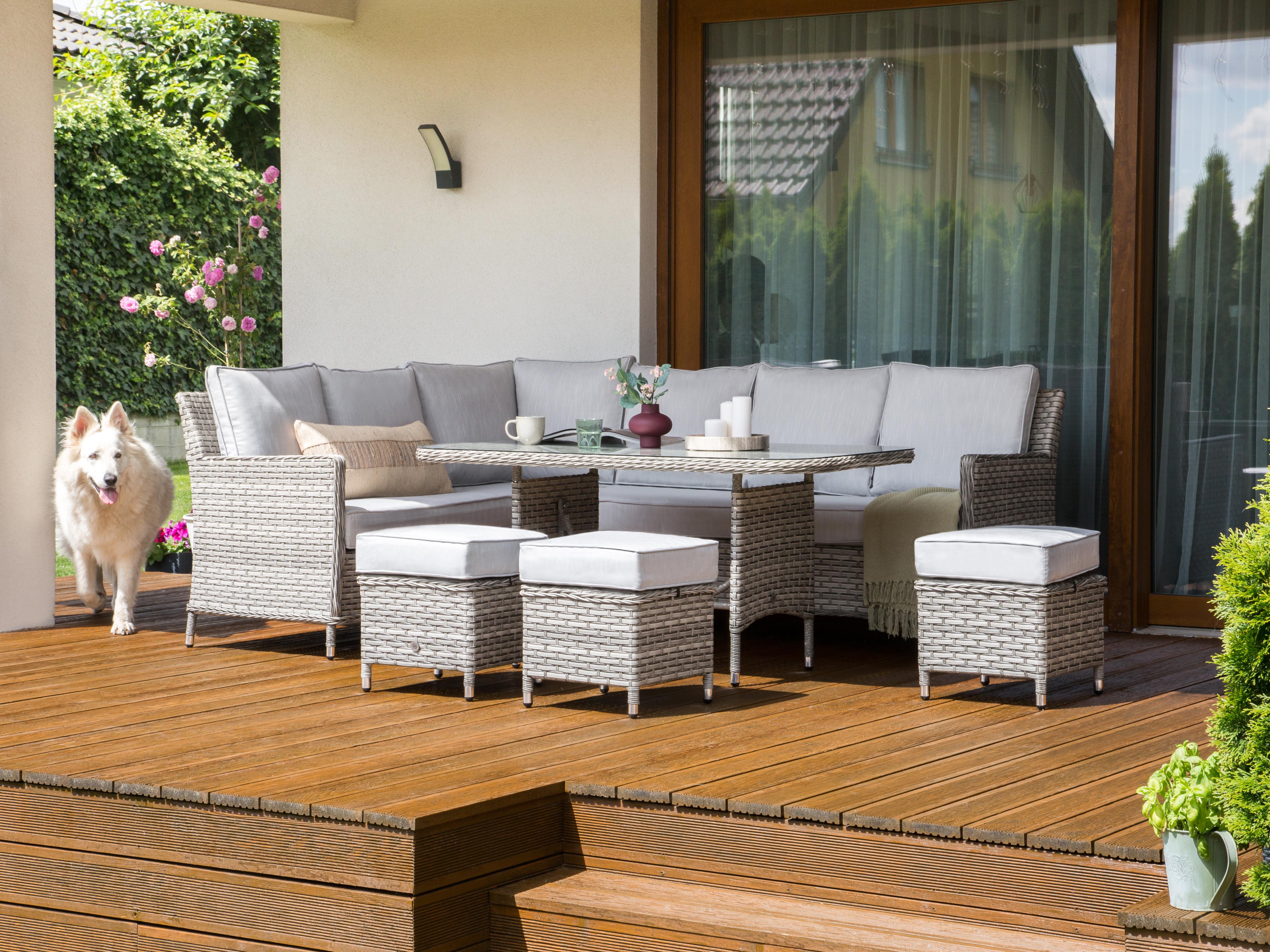 Loungeset met tafel en ottomaan 9-zits LACONA rechtszijdig PE rotan Lichtgrijs