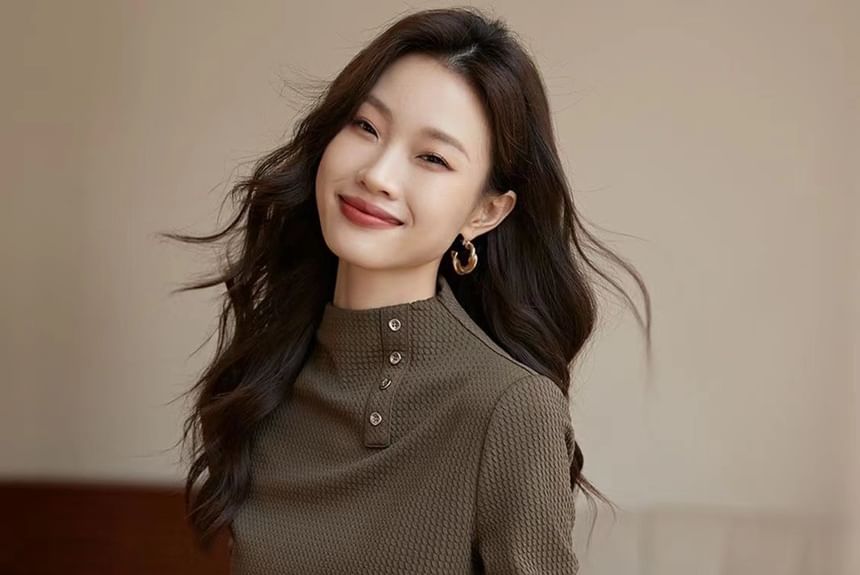 Jeonseon - T-shirt met lange mouwen en mockneck, effen