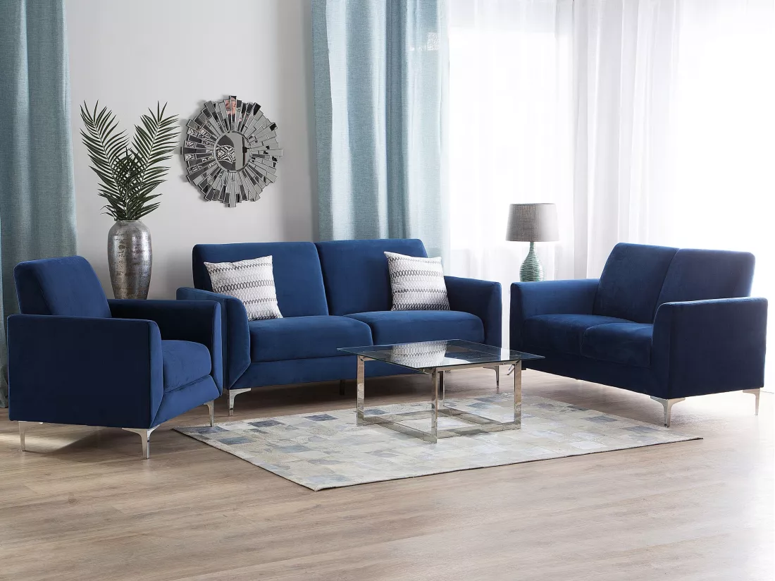 Ensemble canapés et fauteuil en velours bleu marine 6 places FENES