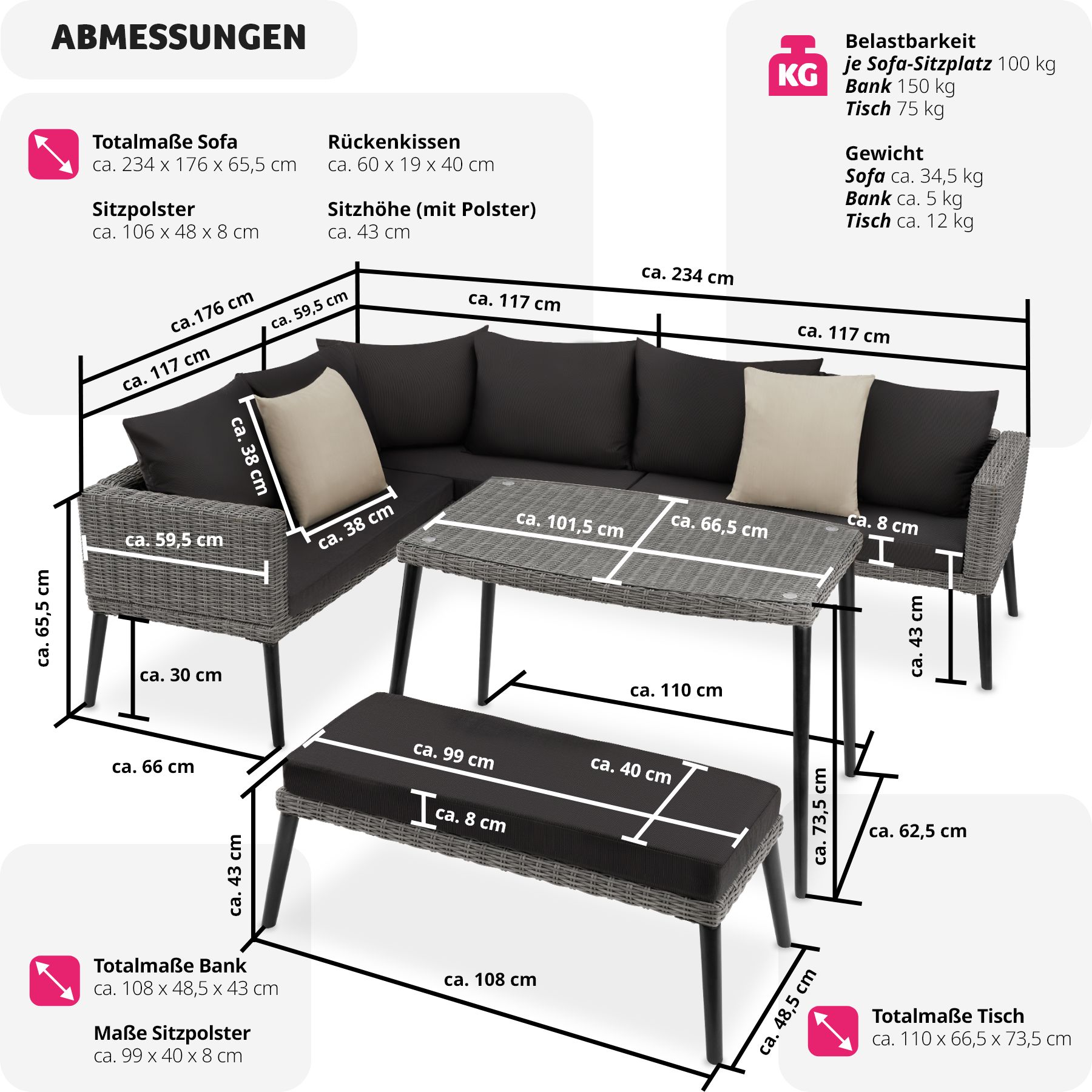 tectake® Rattan Lounge, mit Aluminiumgestell, wetterfest und UV-beständig, mit Sicherheitsglasplatte