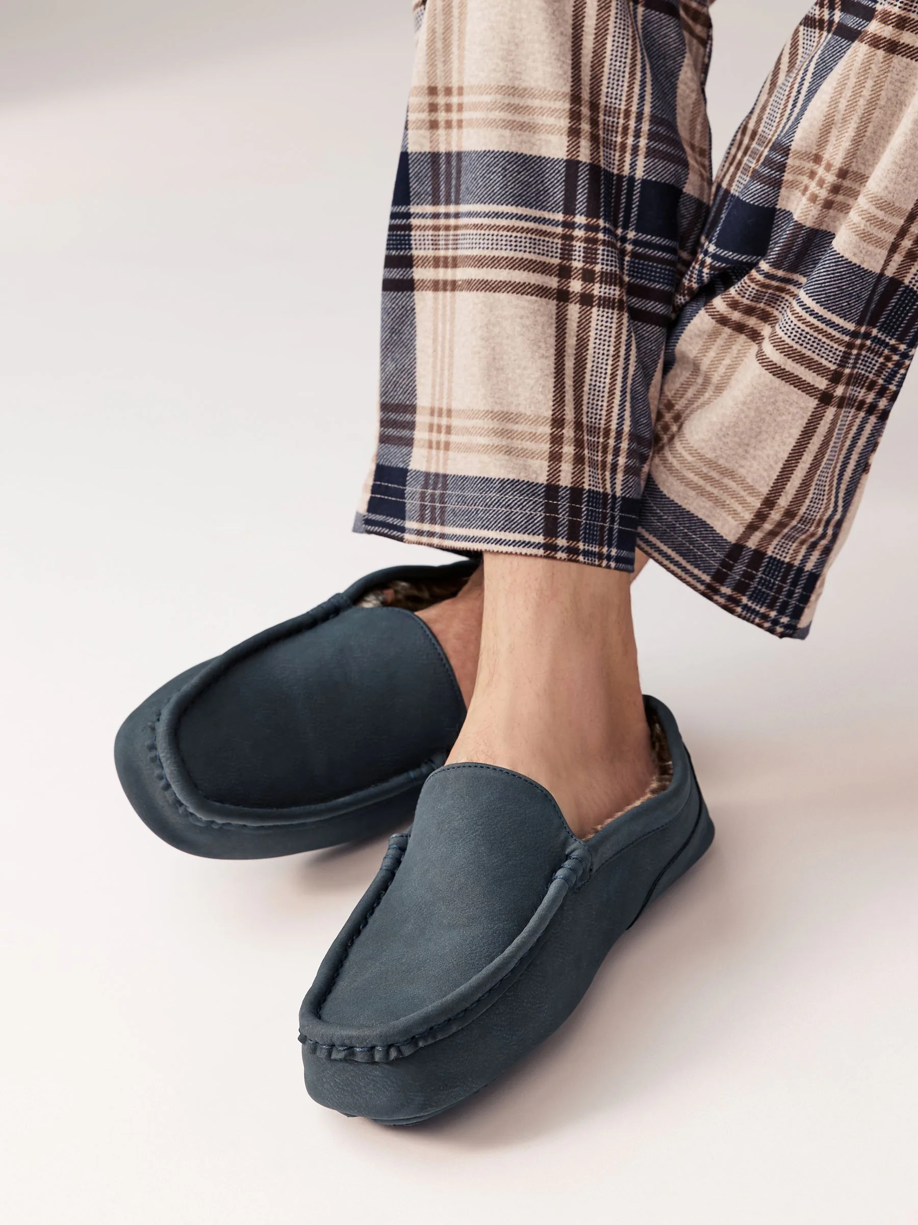 Donkerblauw - Moccasinpantoffels met voering van imitatiebont