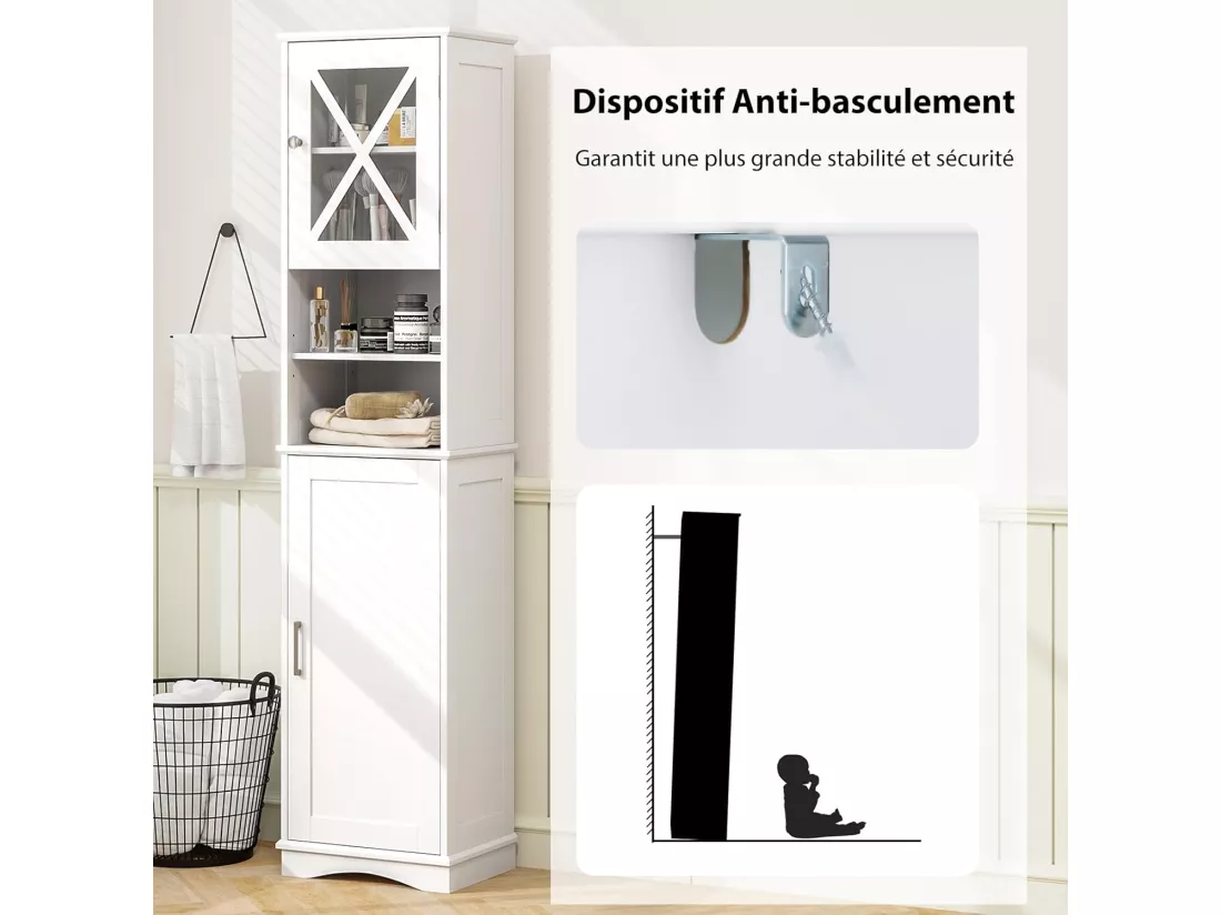 Armoire de Salle de Bain de 170 cm de Hauteur, Meuble de Rangement, Colonne, 5 Étagères Réglables, Placards à Porte, 2 Compartiments, Gain de Place, 30 x 40 x 170 cm, Blanc