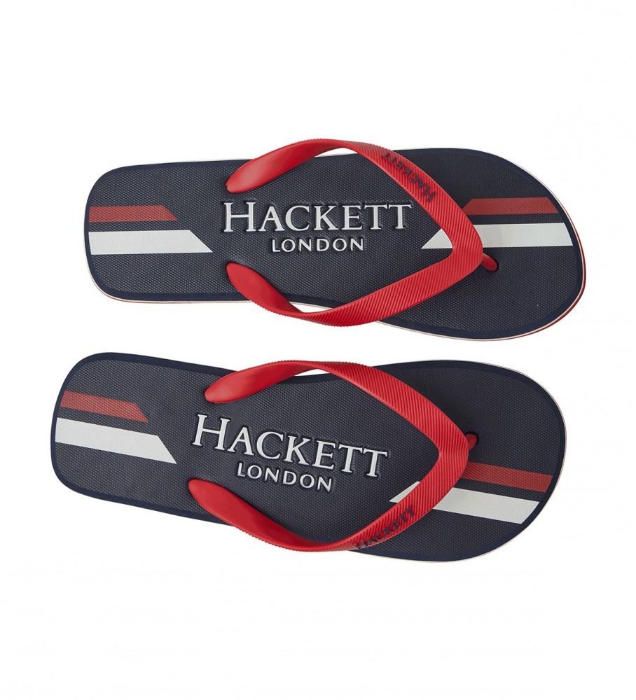 Chinelo Hackett com listras e logo, preto e vermelho.