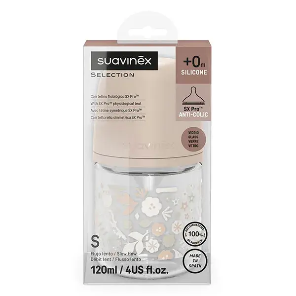 Suavinex, Wonderland, Biberon verre Tétine SXPro S - Wonderland Rose - 120ml