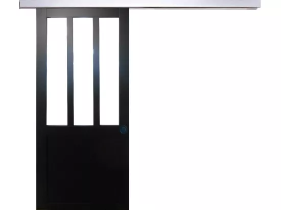 Porte Coulissant Atelier Noir H204 X L93 + Rail Alu Et 2 Coquilles Noir Gd Menuiseries