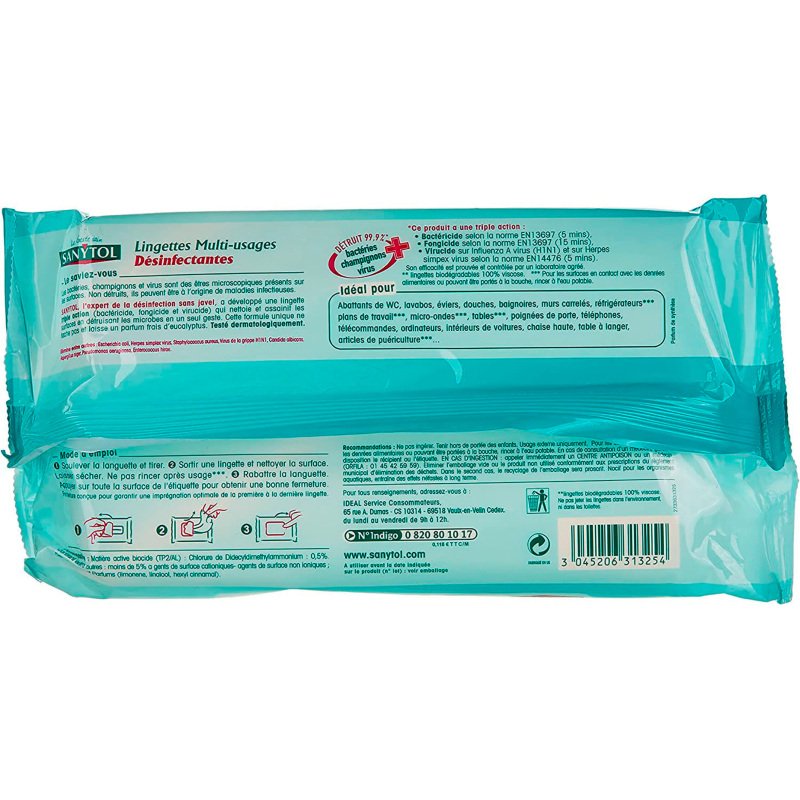 Lingettes nettoyantes désinfectantes surfaces Sanytol - Paquet de 72