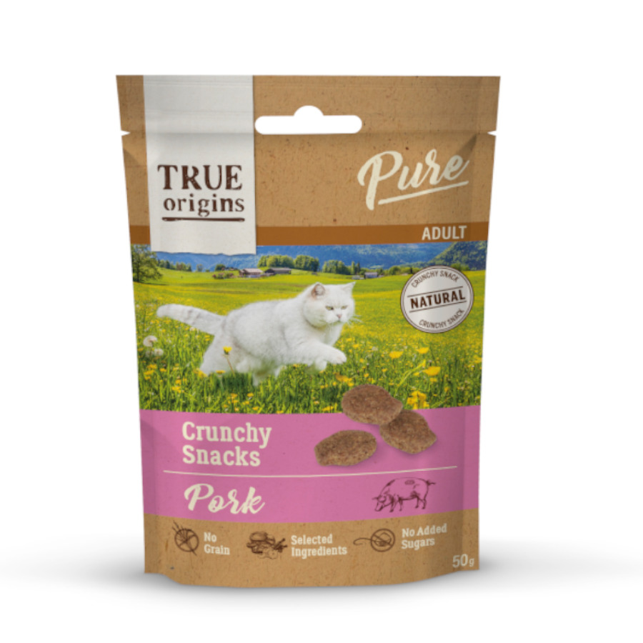 Petiscos crocantes de carne de porco para gatos adultos True Origins Pure Adult